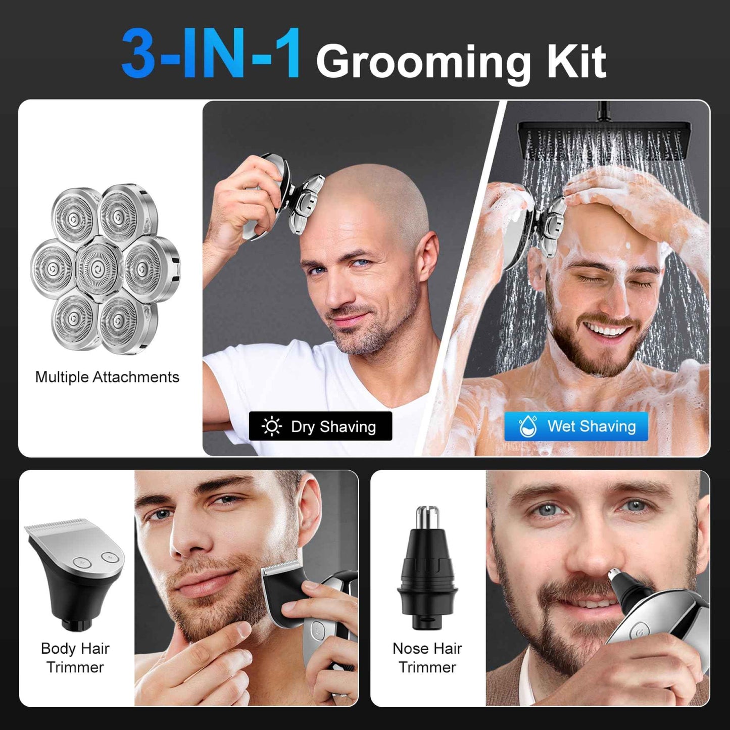 Head Shavers for Bald Men, Electric Razor for Bald Men, Waterproof Head Shavers, 3 in 1 Grooming Kit, 7D Rechargeable Rotary Shaver with Led Display
