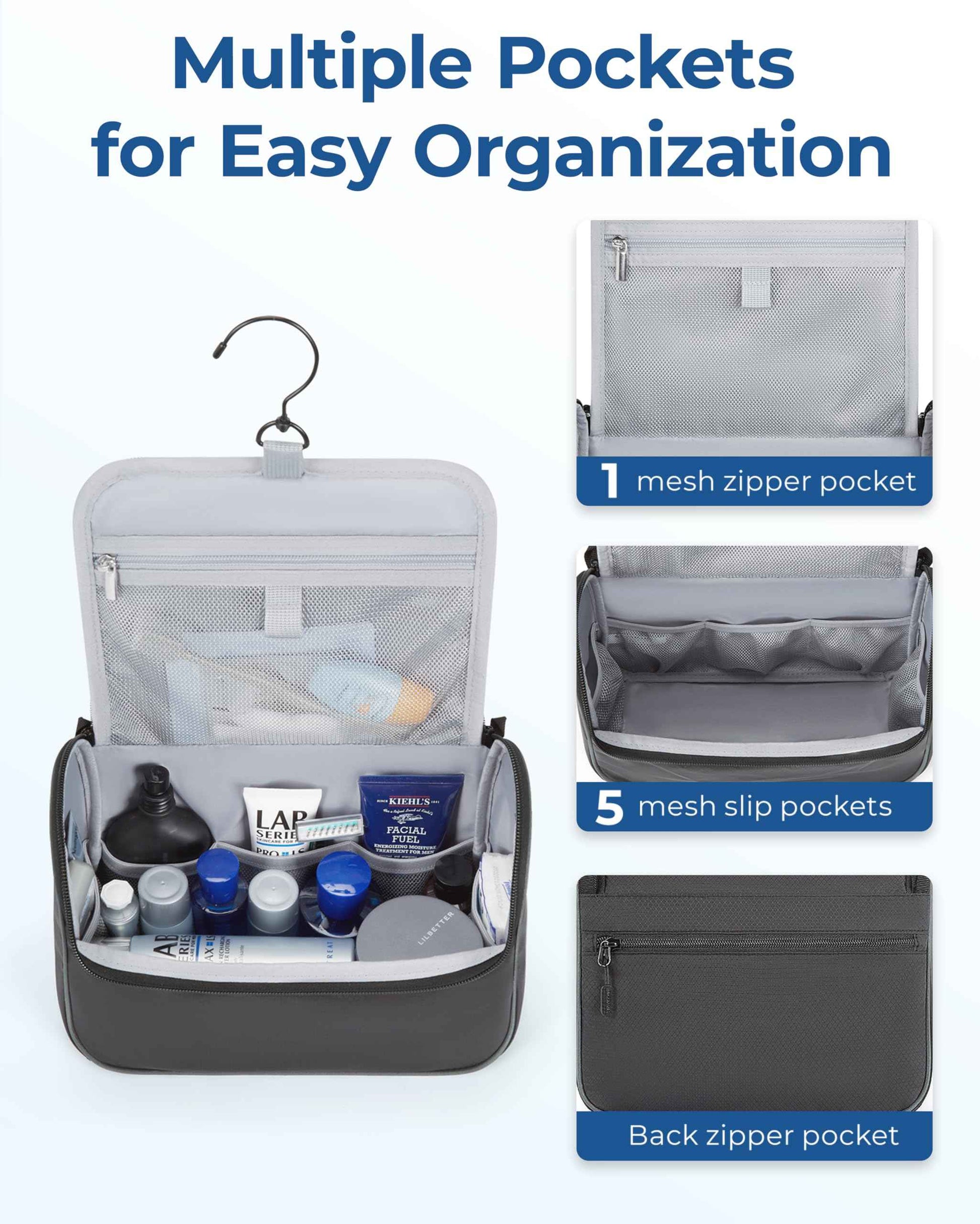 BAGSMART Travel Toiletry Bag for Men, Hanging Toiletry Bag for Mens Traveling, Outdoor Activities, Bathroom Shaving, Travel Essentials Dopp Kit Organizer 360 Swivel Hook Water Resistant, Grey