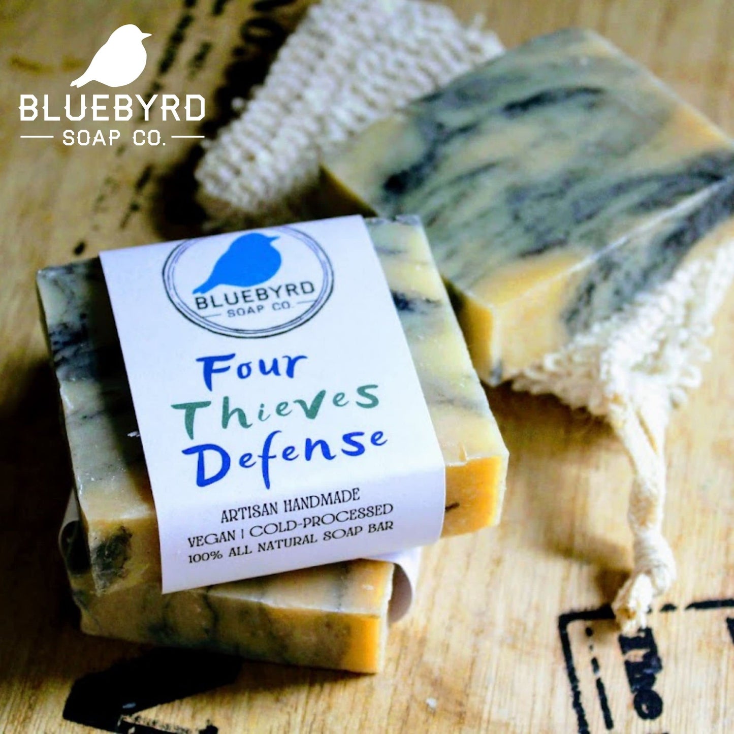 Bluebyrd Soap Co. Defender Thieves Blend Essential Oil Soap Bar 5oz | 100% All Natural Bar Soap Made with Four Thieves Essential Oil Blends | Natural Defense Soap Bar | Cleansing Thieves Defense Body Wash Bars Fragranced with 100% Essential Oils Handmade