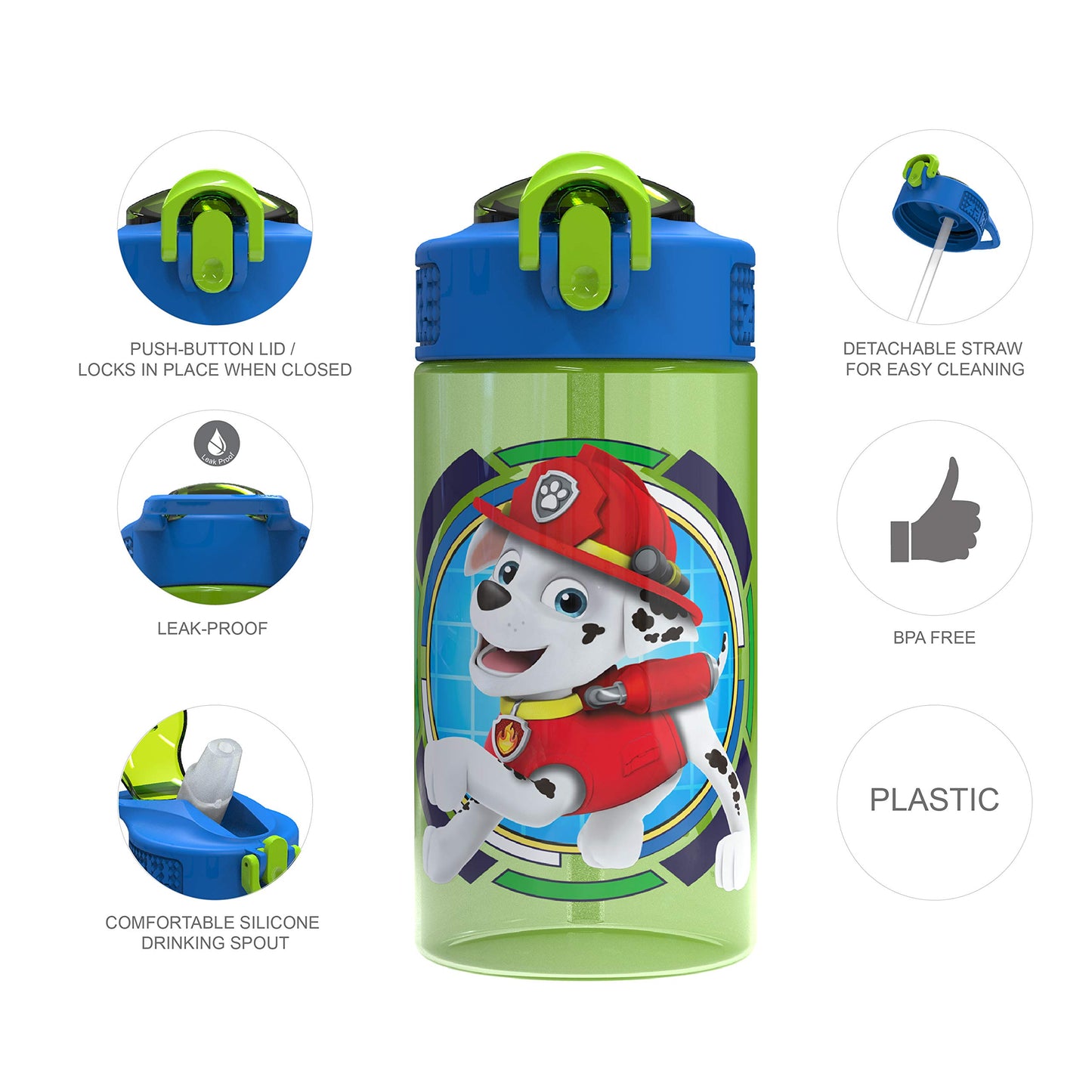 Zak Designs Paw Patrol Kids Spout Cover and Built-in Carrying Loop Made of Plastic, Leak-Proof Water Bottle Design (Rocky, Rubble & Chase, 16 oz, BPA-Free)