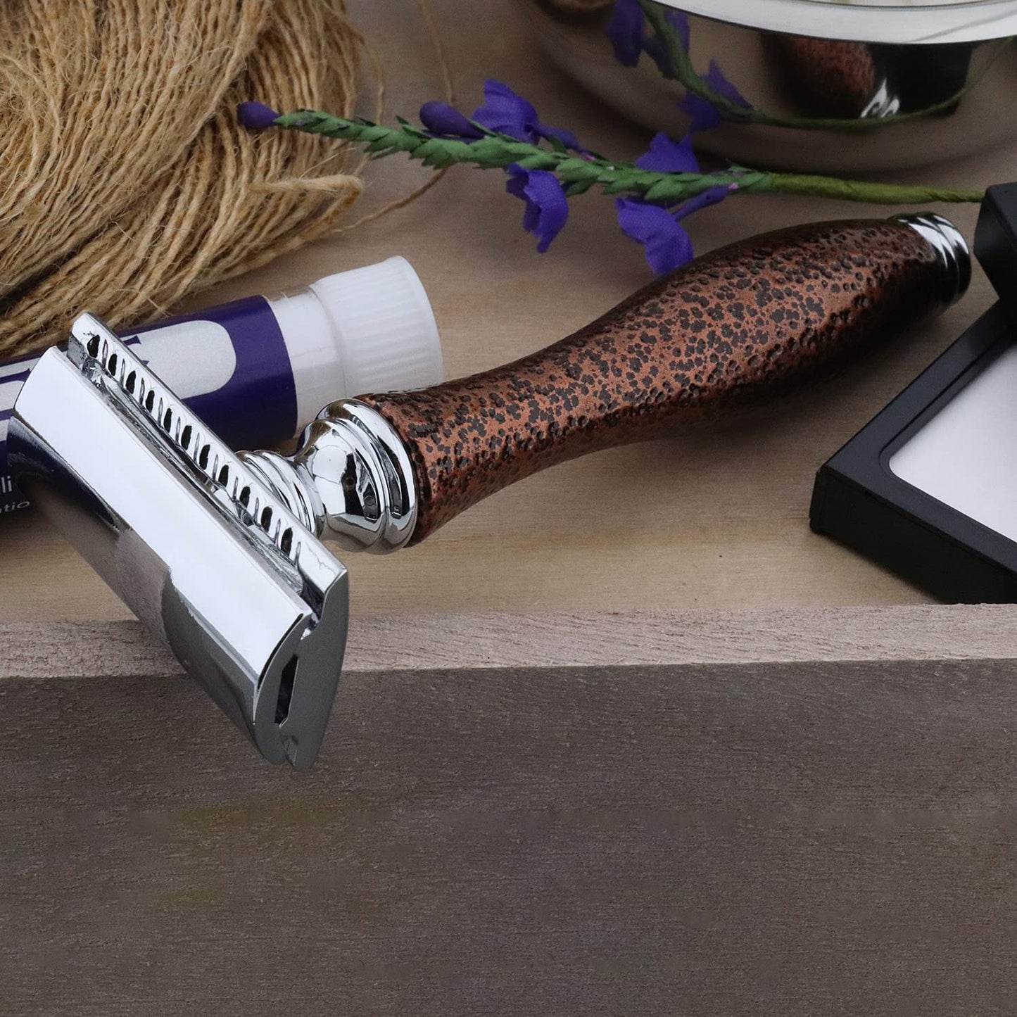 Old School Men's Shaving Set ft Synthetic Brush, DE Safety (Blades Not Included), Engraved Bowl & Soap| Gift for Him