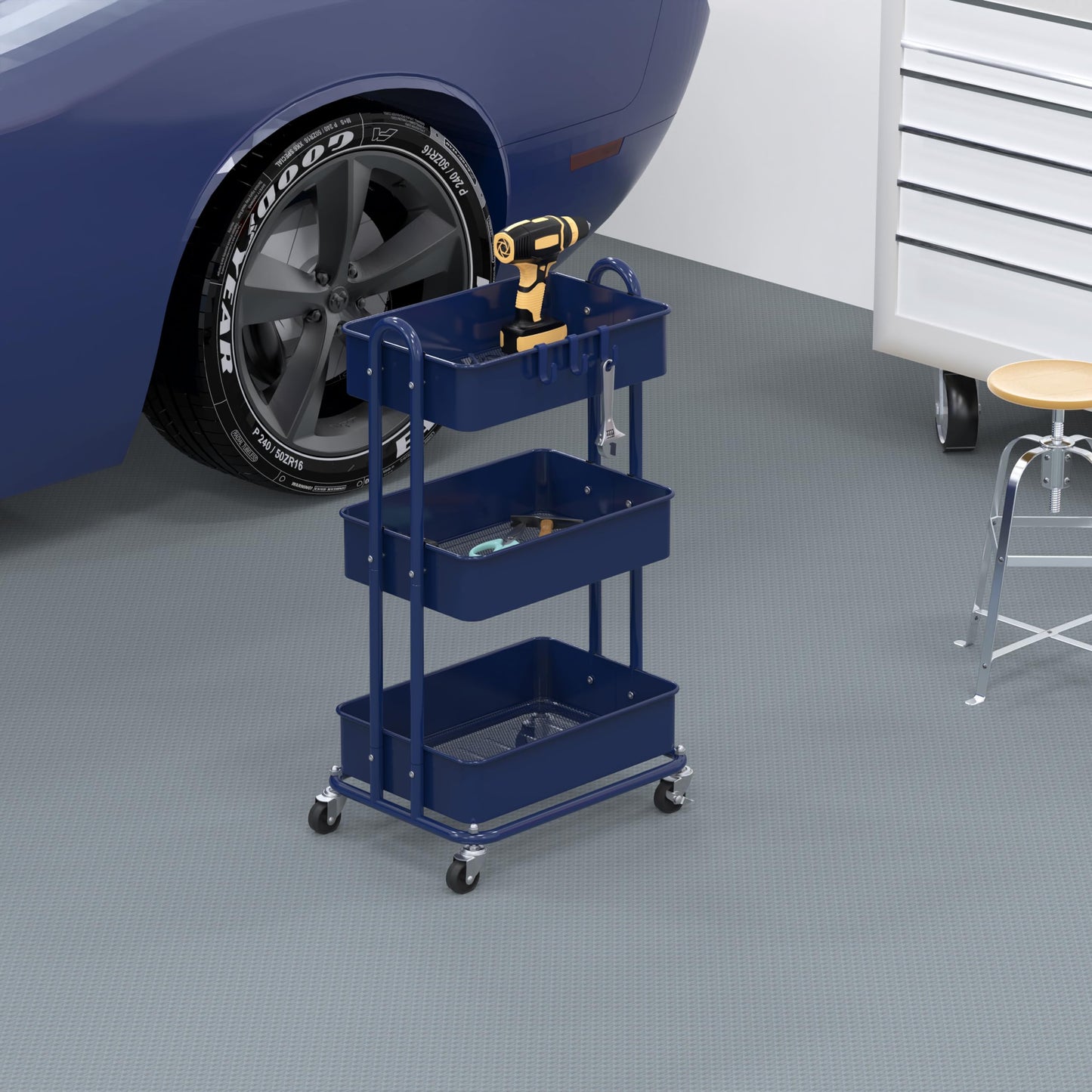 Simple Houseware Heavy Duty 3-Tier Metal Utility Rolling Cart, Navy