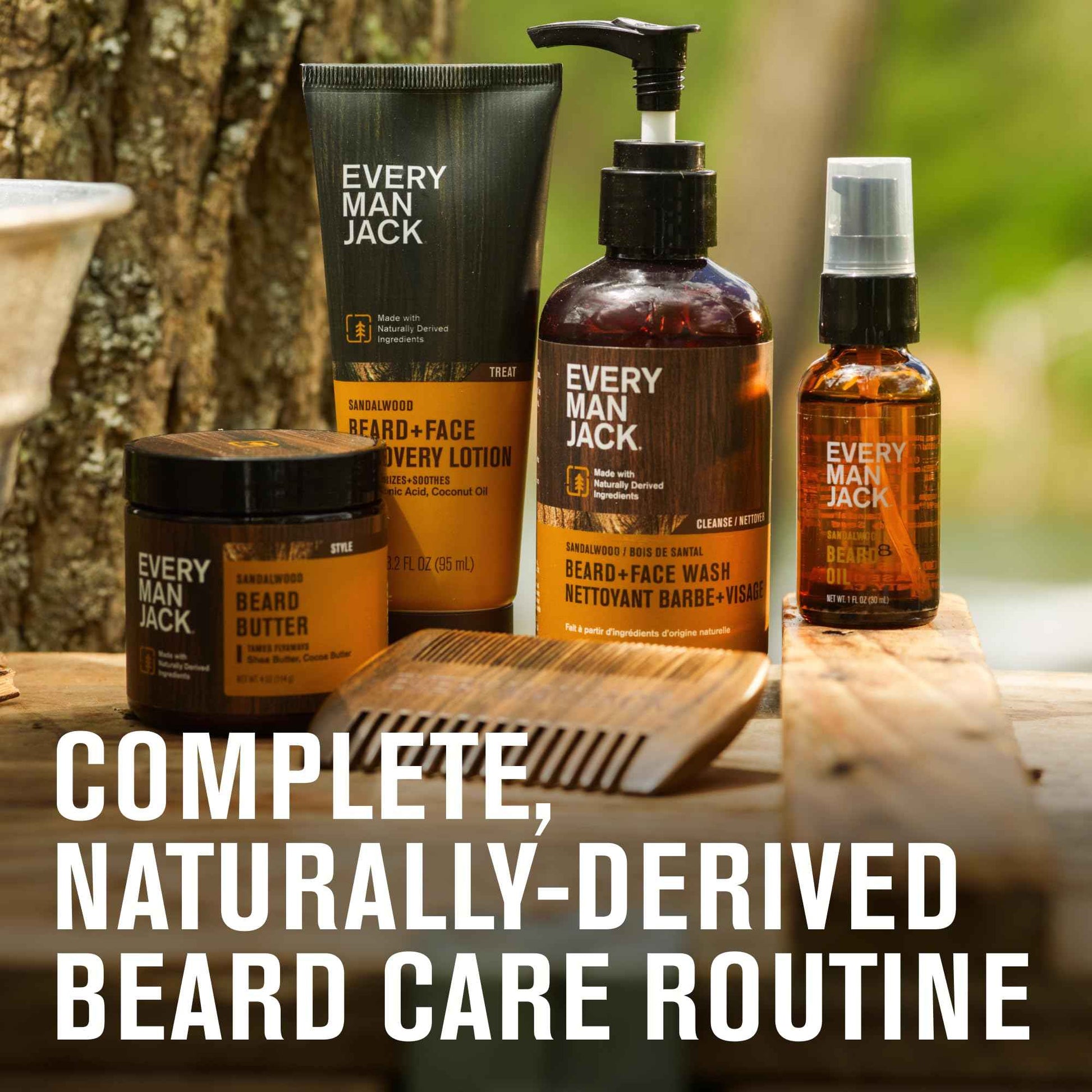 Every Man Jack Beard Essentials Gift Set for Men – Complete Routine with 5 Full-Size Products – Sandalwood Scent - Beard & Face Wash, Lotion, Oil, Butter & Comb
