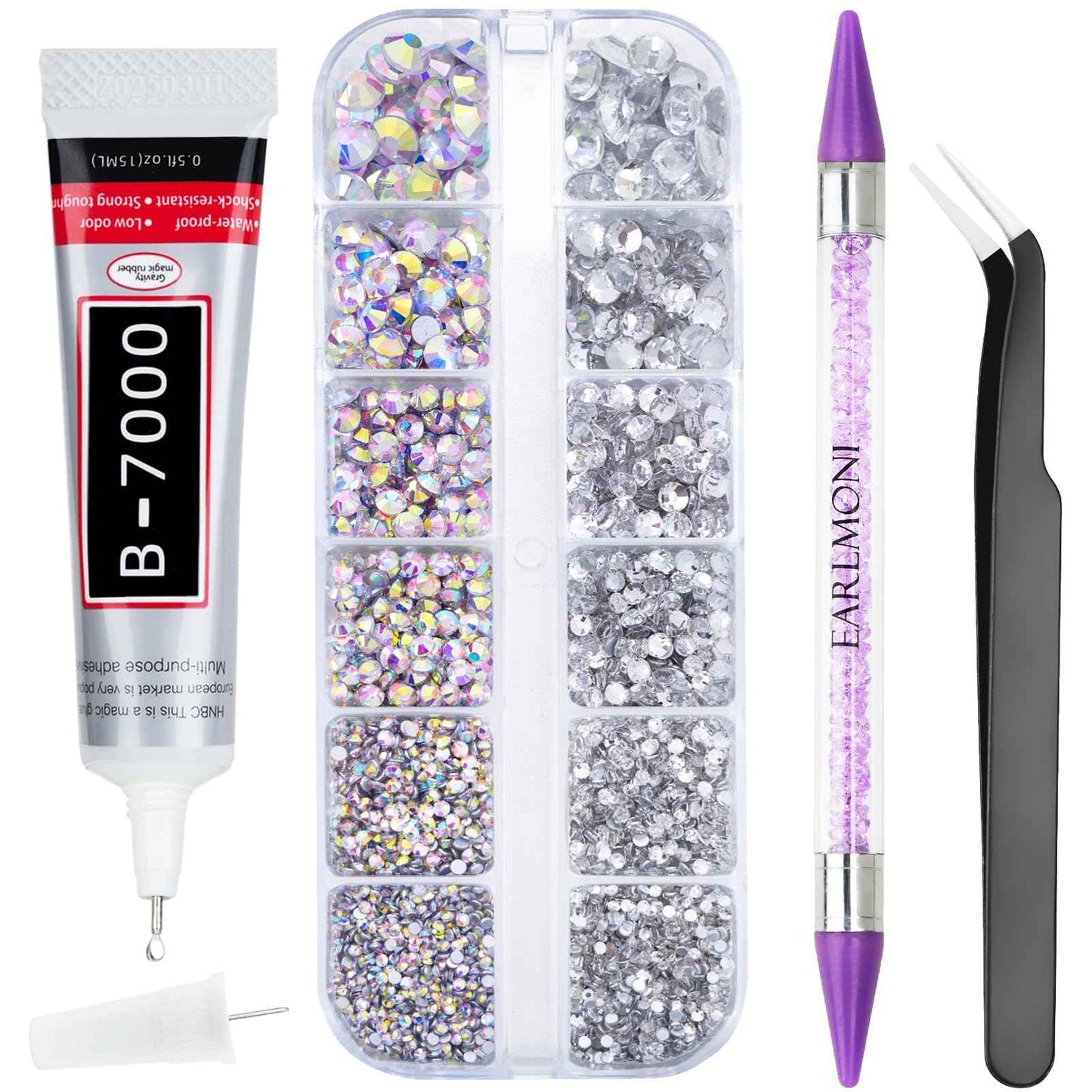 EARLMONI 2800PCS Rhinestones with 15ml B-7000 Rhinestone Glue, Pick Up Tweezers, Rhinestone Picker Pen, 6 Sizes Silver AB Crystal Nail Gems for DIY Crafts Clothing Tumblers Shoes Fabric Nail Art
