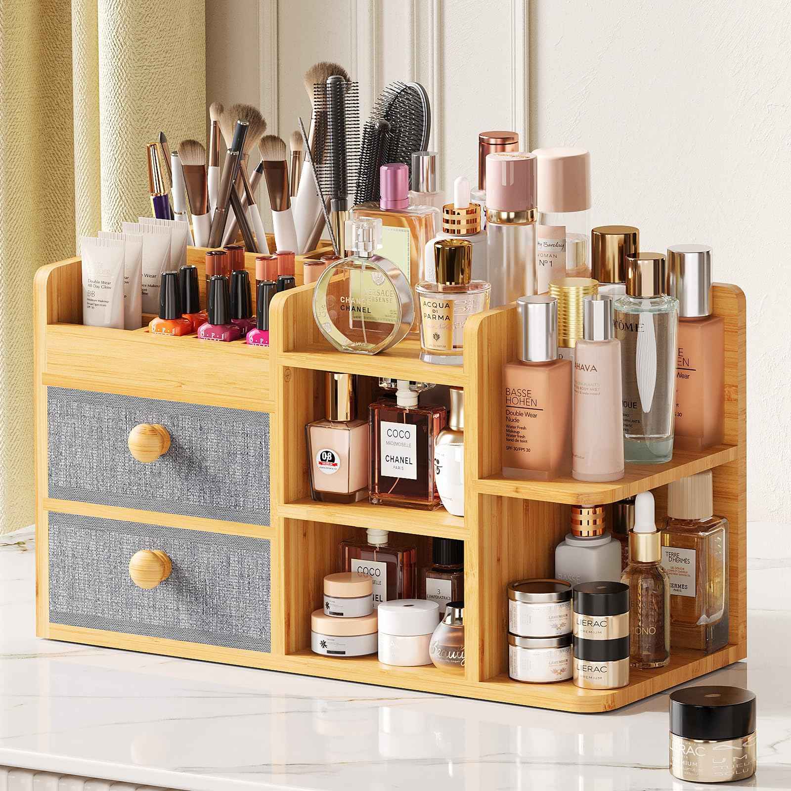 Large Makeup Organizer Countertop For Vanity Dresser, Bamboo Bathroom Counter Organizers And Storage,Cosmetic Skincare Perfume Organizer With 3 Makeup Brush Holder/2 Drawers/5 Shelves /8 Compartments