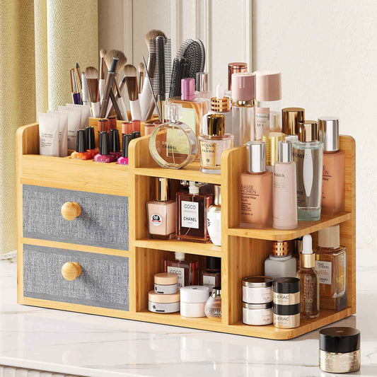 Large Makeup Organizer Countertop For Vanity Dresser, Bamboo Bathroom Counter Organizers And Storage,Cosmetic Skincare Perfume Organizer With 3 Makeup Brush Holder/2 Drawers/5 Shelves /8 Compartments