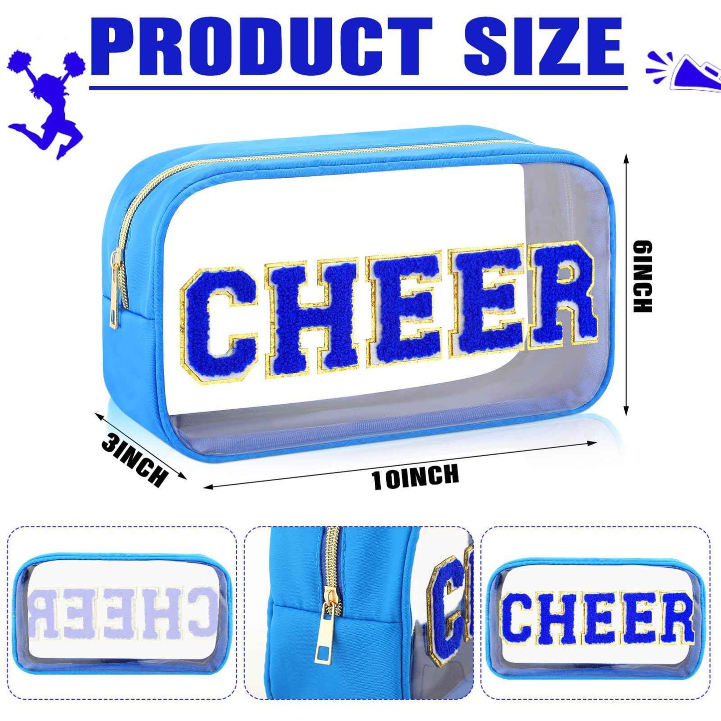 Abbylike Cheer Clear Makeup Letter Bag Cosmetic Zipper Cheers Pouch Chenille Patch Cheerleader Gifts Preppy Cheer Nylon Handmade Toiletry Bags for Women Girls Gifts (1, Blue)