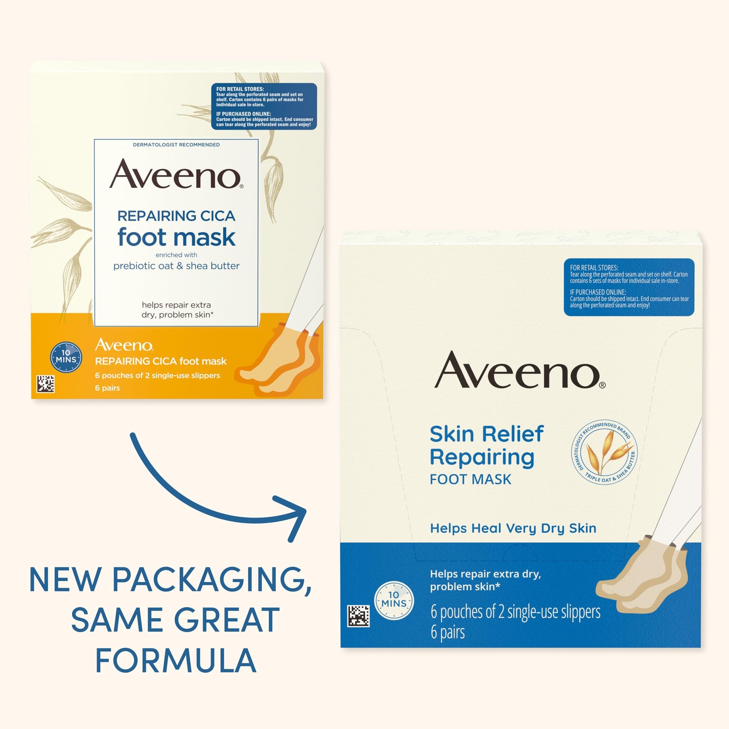 Aveeno Skin Relief Repairing Foot Mask, Moisturizing Socks with Prebiotic Oat & Shea Butter for Very Dry Skin, Foot Care for Sensitive Skin, Fragrance-Free, Value Pack, 6 Pairs of Single-Use Slippers