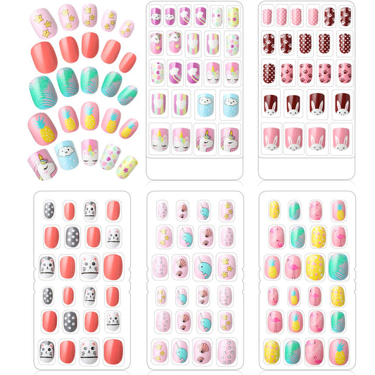 120 Pieces Girls Press on Nails Fake Nails Artificial Nails Children Full Cover Short False Fingernails for Girls Kids Nail Design Decoration, 5 Boxes (Animal Theme)