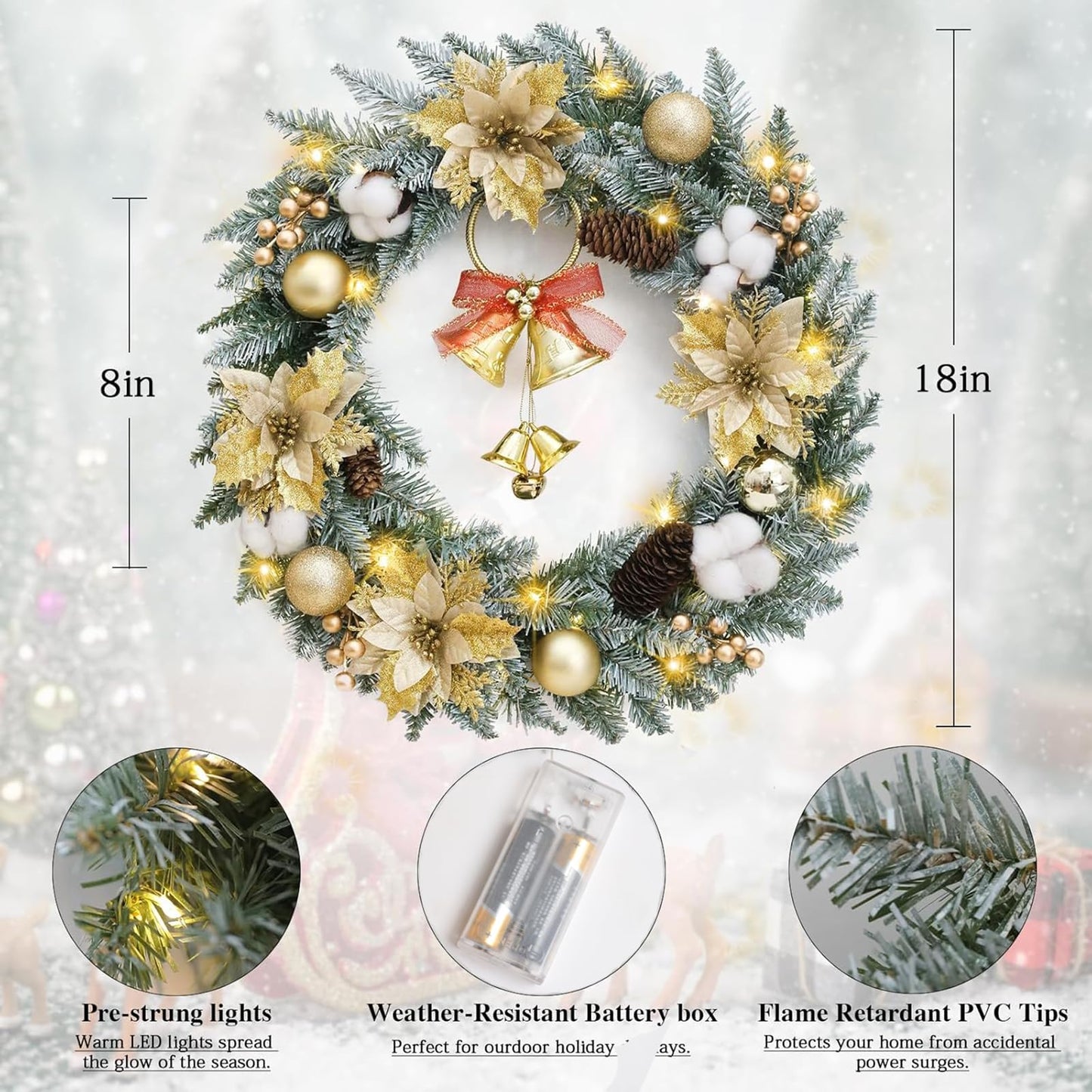 Veryhome Handcrafted 18 inches Pine Needle Christmas Wreath with Pinecones and Gold Accents with LED Lights - Perfect Holiday Decor for Front Door Fireplace