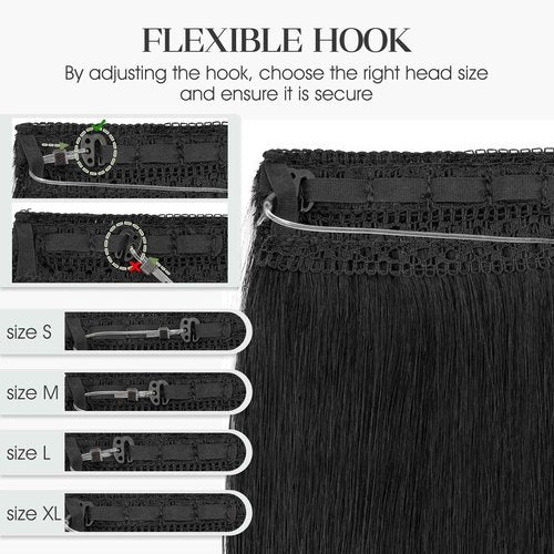Charites Halo Hair Extensions Real Human Hair Invisible Wire Extensions with Transparent Fish Line Adjustable Size Jet Black 14 inch