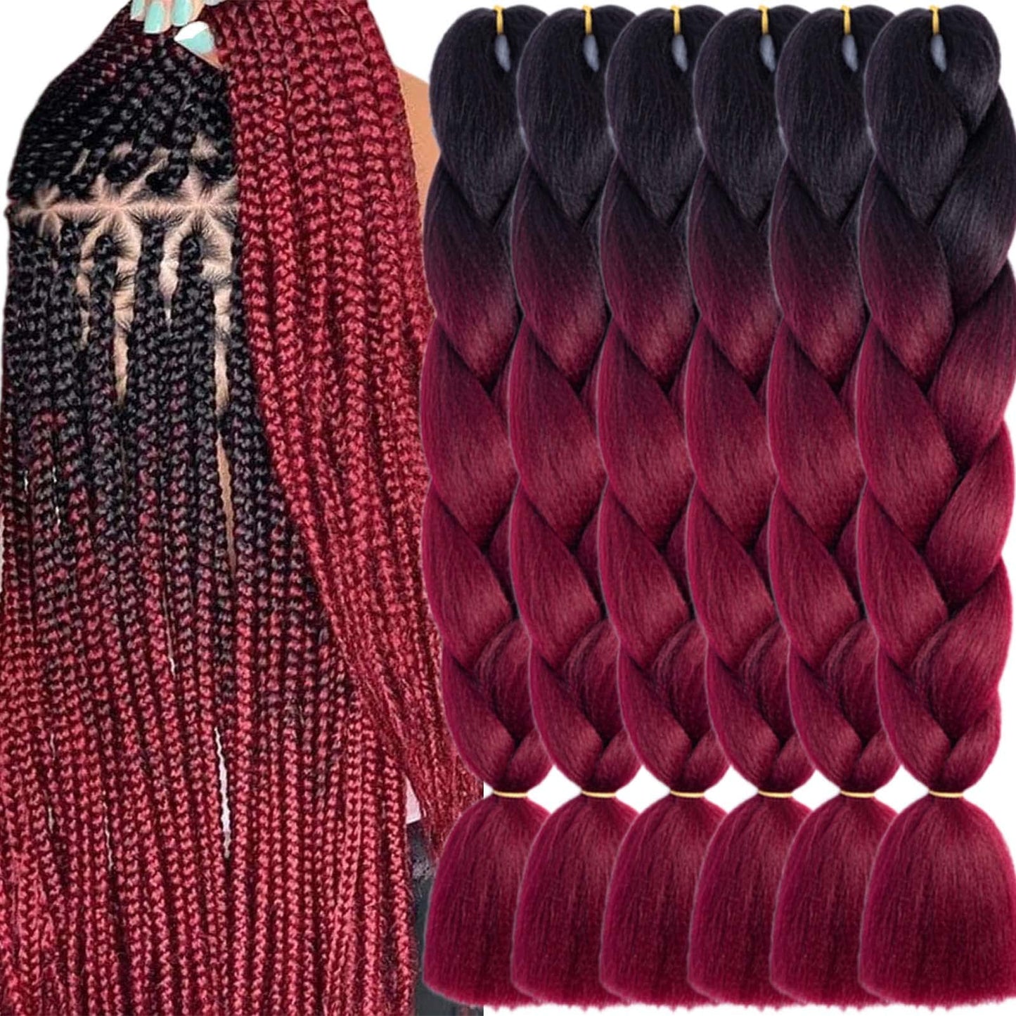 LILYKA SHOW 6 Packs 24 Inch Braiding Hair Extensions for Women Kanekalon Braiding Hair Ombre Jumbo Braiding Hair Extensions High Temperature Synthetic Braiding Hair for Twist Crochet Braids(6 Packs 24",Black to Wine Red)