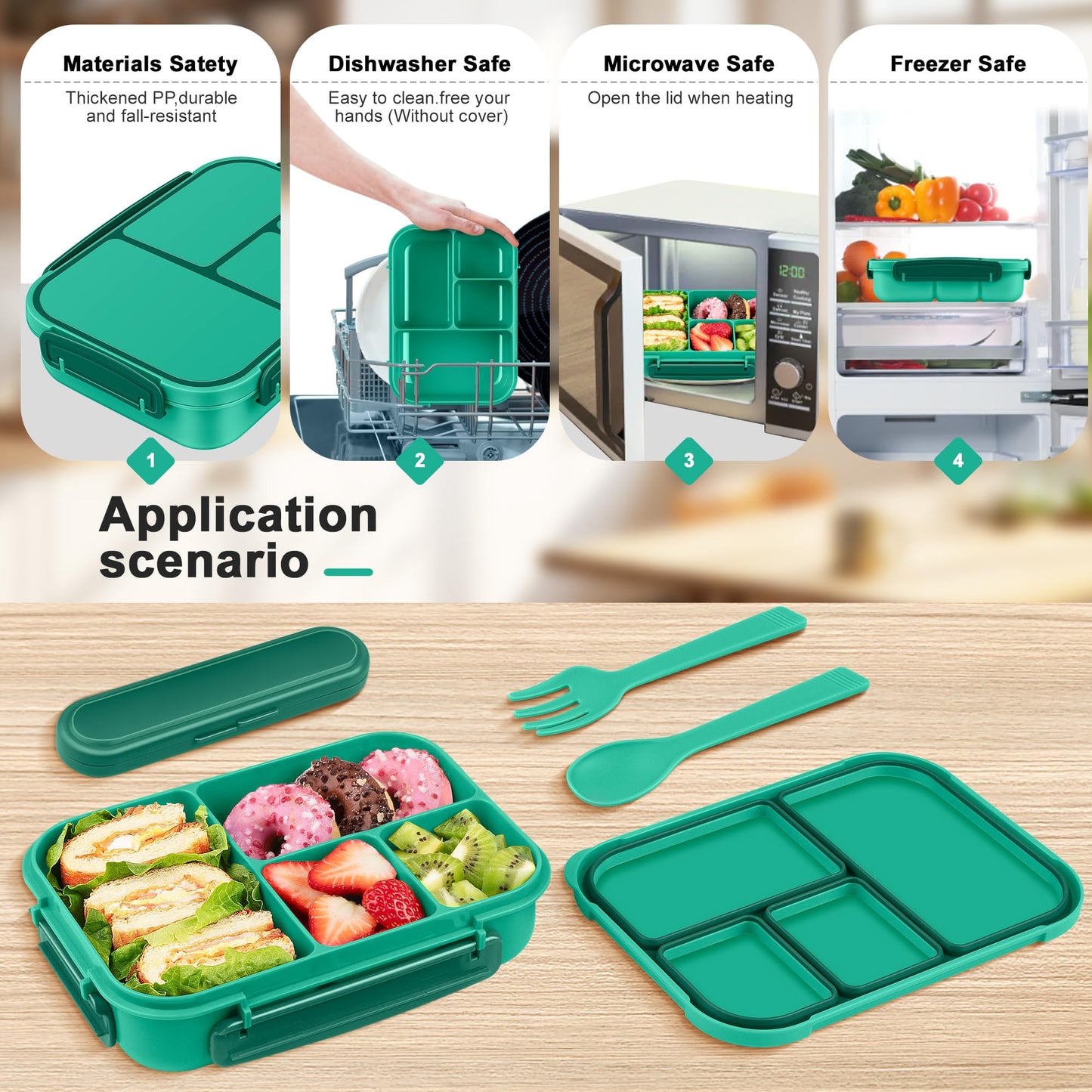 Amathley Lunch Box Kids,Bento Box Adult,Leakproof Lunch Containers for Adults/Kids/Toddler,1200ML-4 Compartments bento Lunch box with Utensil,Microwave & Dishwasher & Freezer Safe (Green)