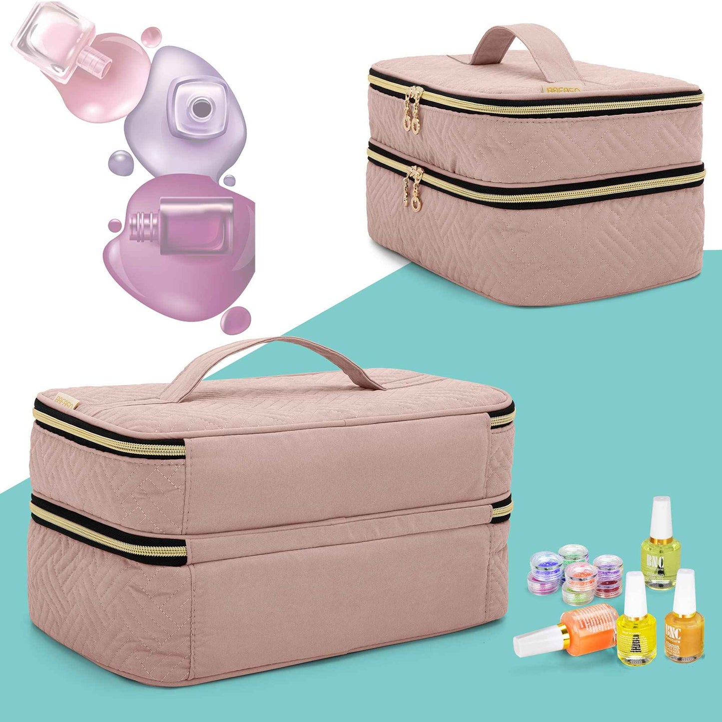 BAFASO Nail Polish Organizer Holds 40 Bottles (15ml - 0.5 fl.oz), Nail Polish Case with Manicure Tools Storage Sections (Patented Design), Pale Rose