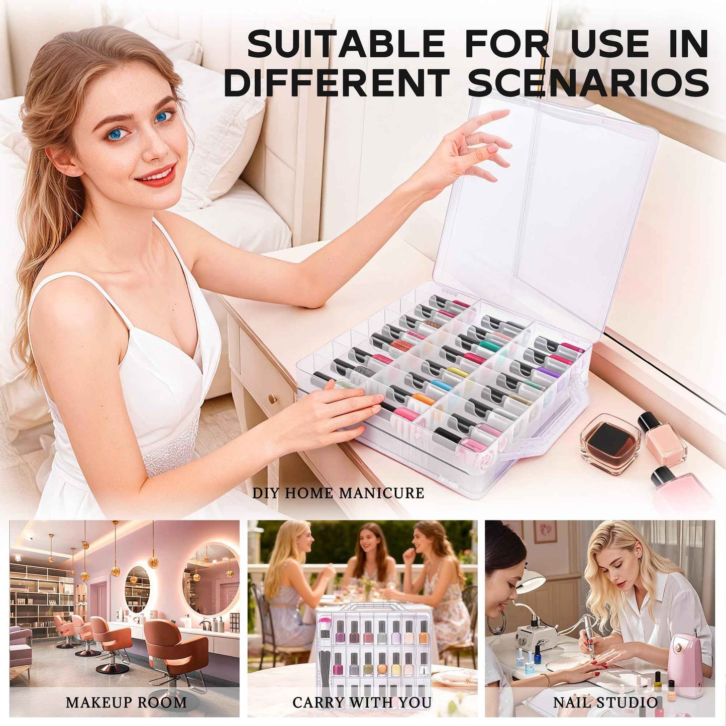 DreamGenius Nail Polish Organizer Case for 48 Bottles with 2 Nail Separators, Double Side Gel Nail Polish Holder with Adjustable Dividers, Clear