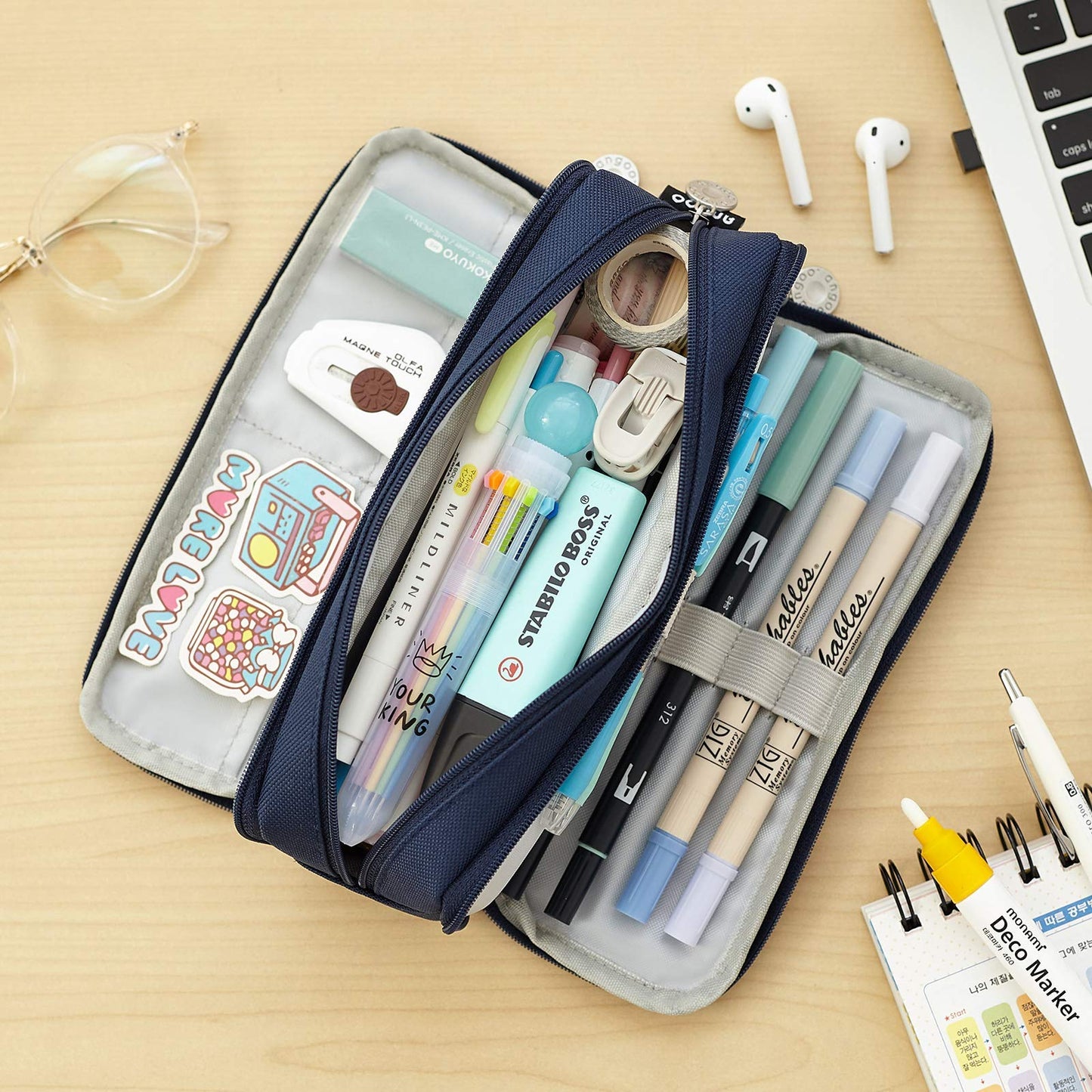 CICIMELON Large Capacity Pencil Case 3 Compartment Pouch Pen Bag for School Teen Girl Boy Men Women (Navy)