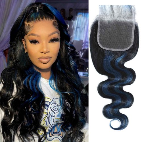ALHER Black Mix Blue Body Wave 4x4 Lace Closure, 12A #1B/BlueColored Closure Free Part Pre Plucked with Baby Hair, 100% Virgin Remy Human Hair for Black Women 150% Density 12 Inch