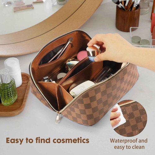 BAYANKALA Leather Travel Makeup Bag, Large Capacity Cosmetic Bag for Women, Waterproof Portable Pouch with Divider, Toiletry Organizer with Handle, 10.5x5x5 Inches, Deep Brown