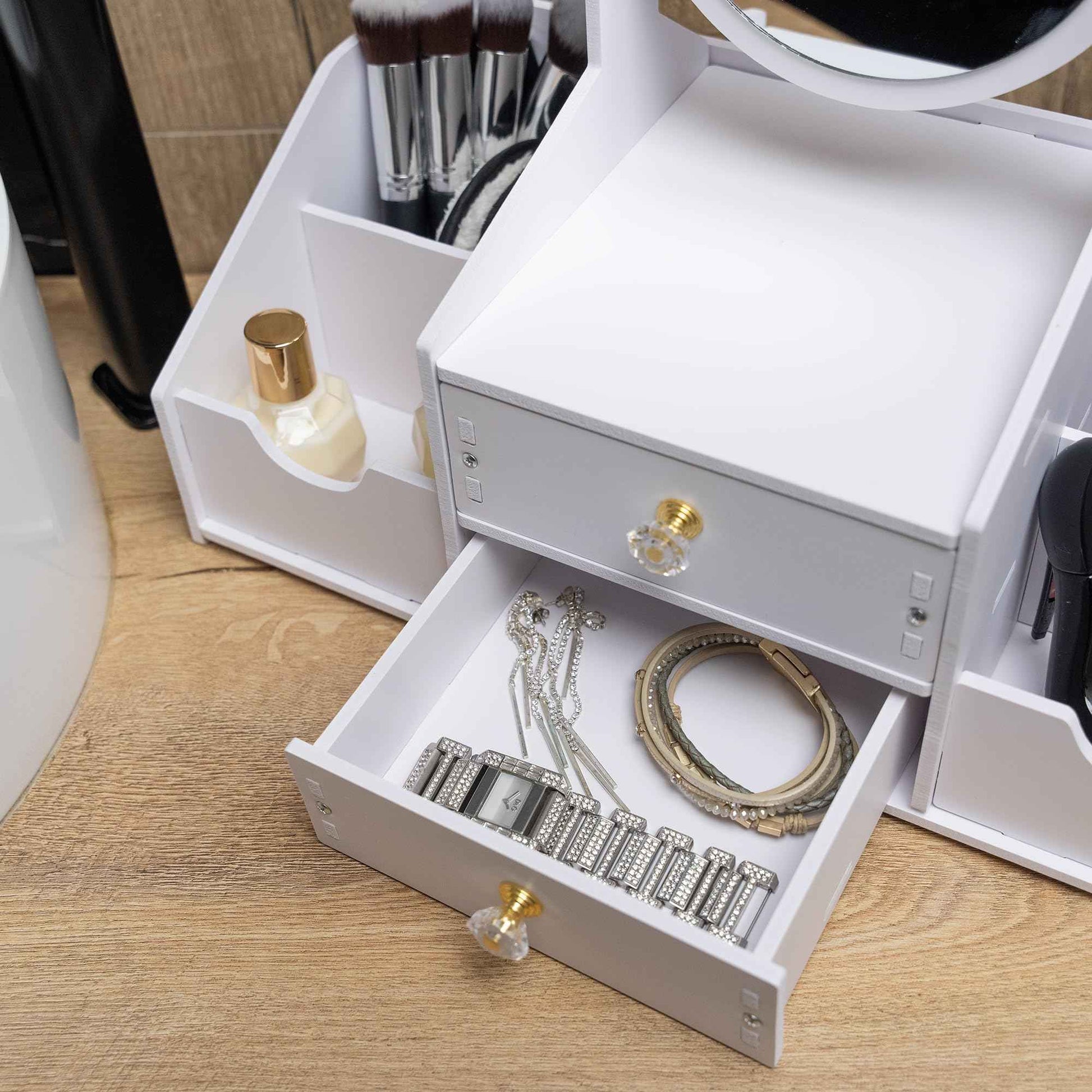 Domovina Wooden Makeup Organizer – Countertop Makeup Organizers with Mirror, Drawers – Cosmetic Organizer for Brushes, Skincare – Elegant Make Up Storage Holder for Vanity, Bathroom, Dresser