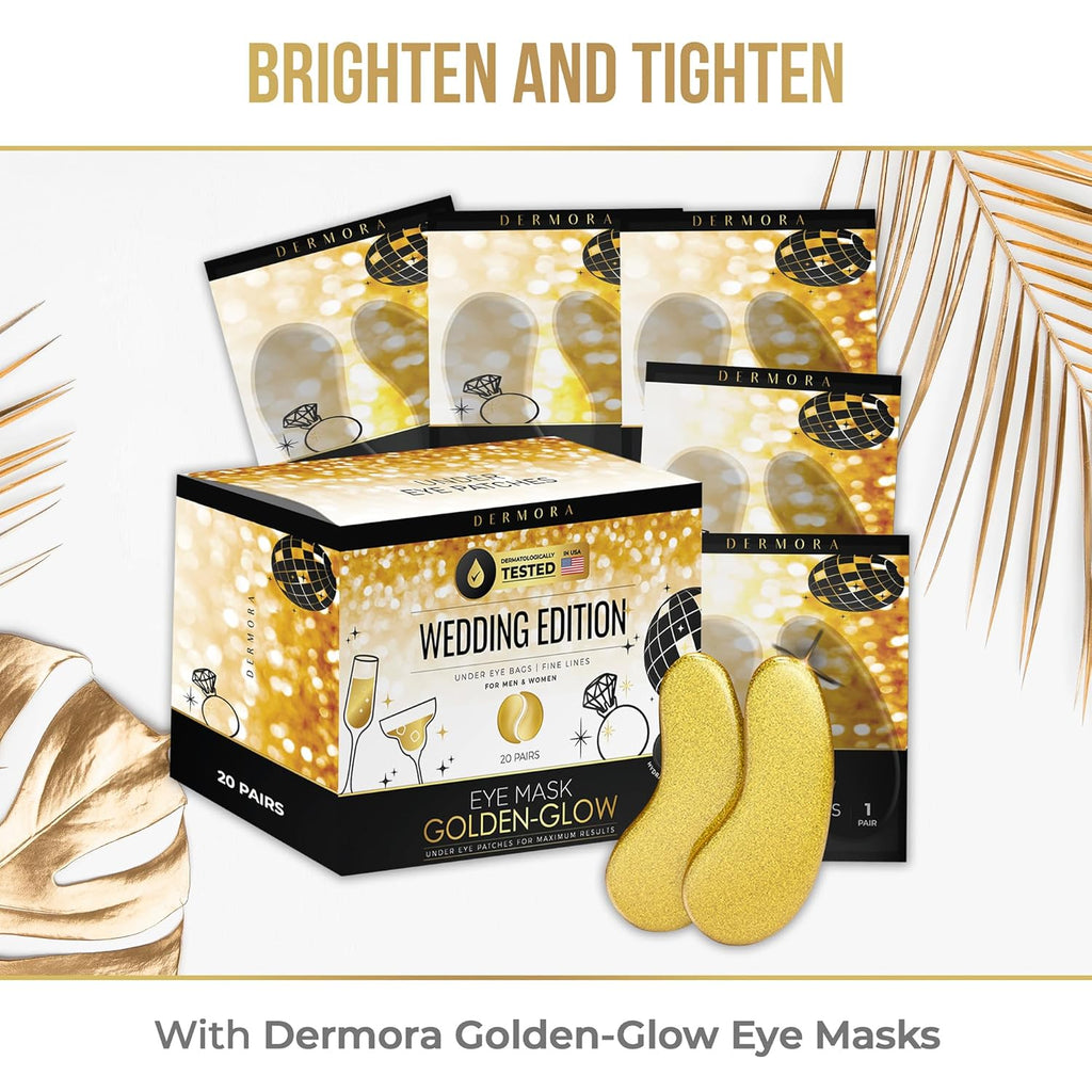 DERMORA Golden Glow Under Eye Patches | Rejuvenating Treatment | Dark Circles, Puffy Eyes, Refreshing, Revitalizing, Travel, Wrinkles | 20 Pairs Eye Gels
