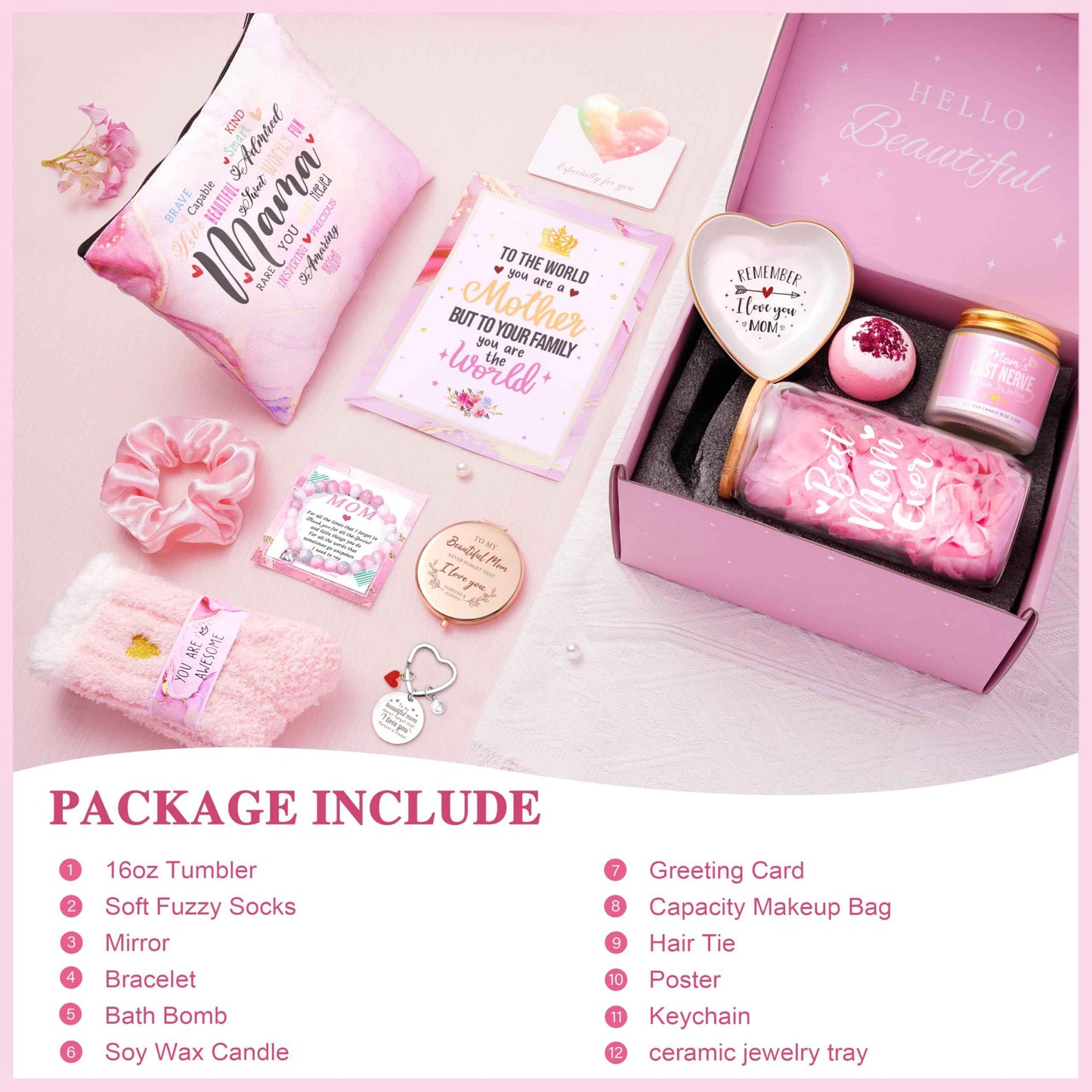 Jumway Gifts for Mom Gifts Basket, Mother's Day Gifts for Mom Birthday Gifts Set Include Glass Cup, Scented Wax Candle, Bath Bomb Scented Soap Make-up Bag