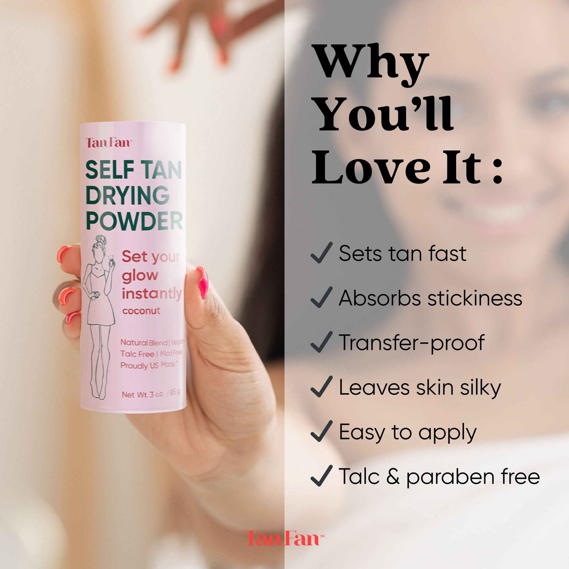 Tan Fan Self Tan Drying Powder - Stops Sticky Feeling After Sunless Tanner - 100% Vegan Talc-Free Translucent Loose Setting Powder In Shaker Bottle For Smooth Silky Skin - USA Made (Coconut 3oz)