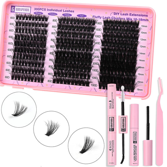 Girapanda Fluffy Lash Extension Kit, Thick Individual Lashes D Curl with Lash Bond and Seal, Lash Remover, 300PCS 60D 80D 100D Cluster Eyelash Extension, Mix 10-18mm DIY Eyelash Extension Kit at Home