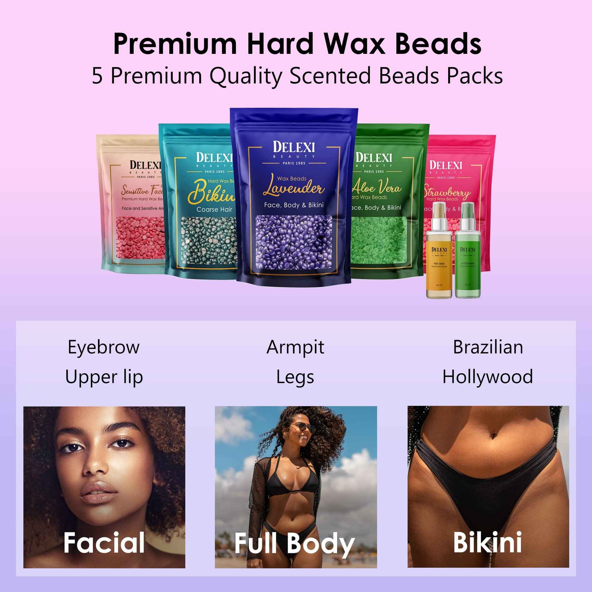 DELEXI Premium Waxing Kit for Sensitive Skin – Painless Hard Wax Beads, Safe Wax Warmer, Pre/Post Care Spray, Salon-Grade Results at Home for Face, Bikini, Brazilian & Full Body