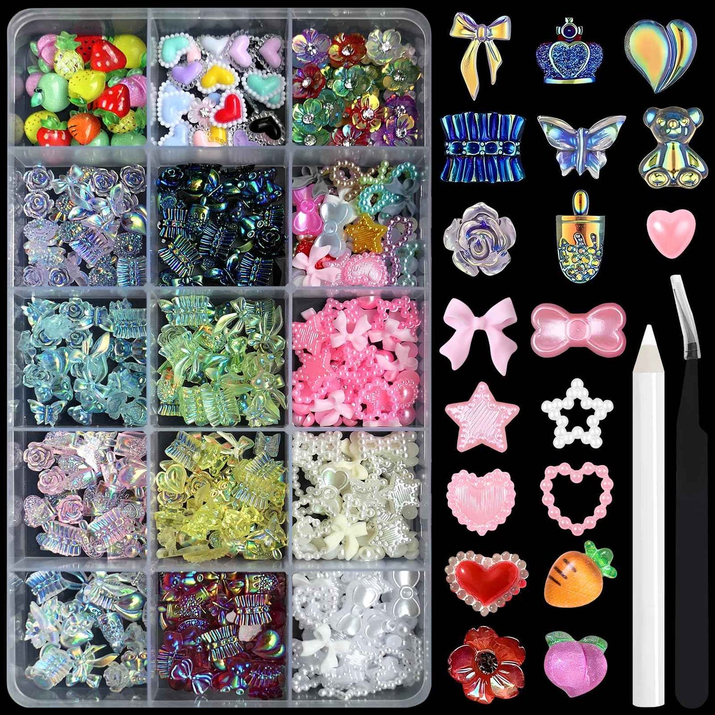 AddFavor Nail Charms Kit 3D Assorted Bow Nail Charms and Gem Pearls Bows Flower Nail Charms Heart Butterfly Fruit Acrylic Nail Charms for Nails Manicure DIY Design Crafts Accessories