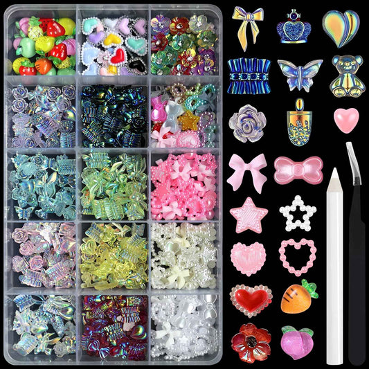 AddFavor Nail Charms Kit 3D Assorted Bow Nail Charms and Gem Pearls Bows Flower Nail Charms Heart Butterfly Fruit Acrylic Nail Charms for Nails Manicure DIY Design Crafts Accessories