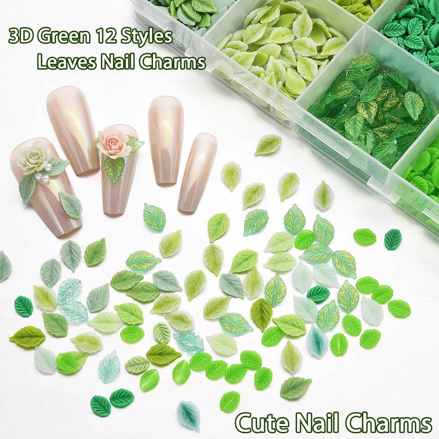 ZUMILLMN Leaf Nail Charm, 3D Nail Charms Bulk, 12 Styles Green Leaves Charms for Nails, Y2K Charms for Nails Design for Women Girl DIY Jewelry Cellphone Crafts