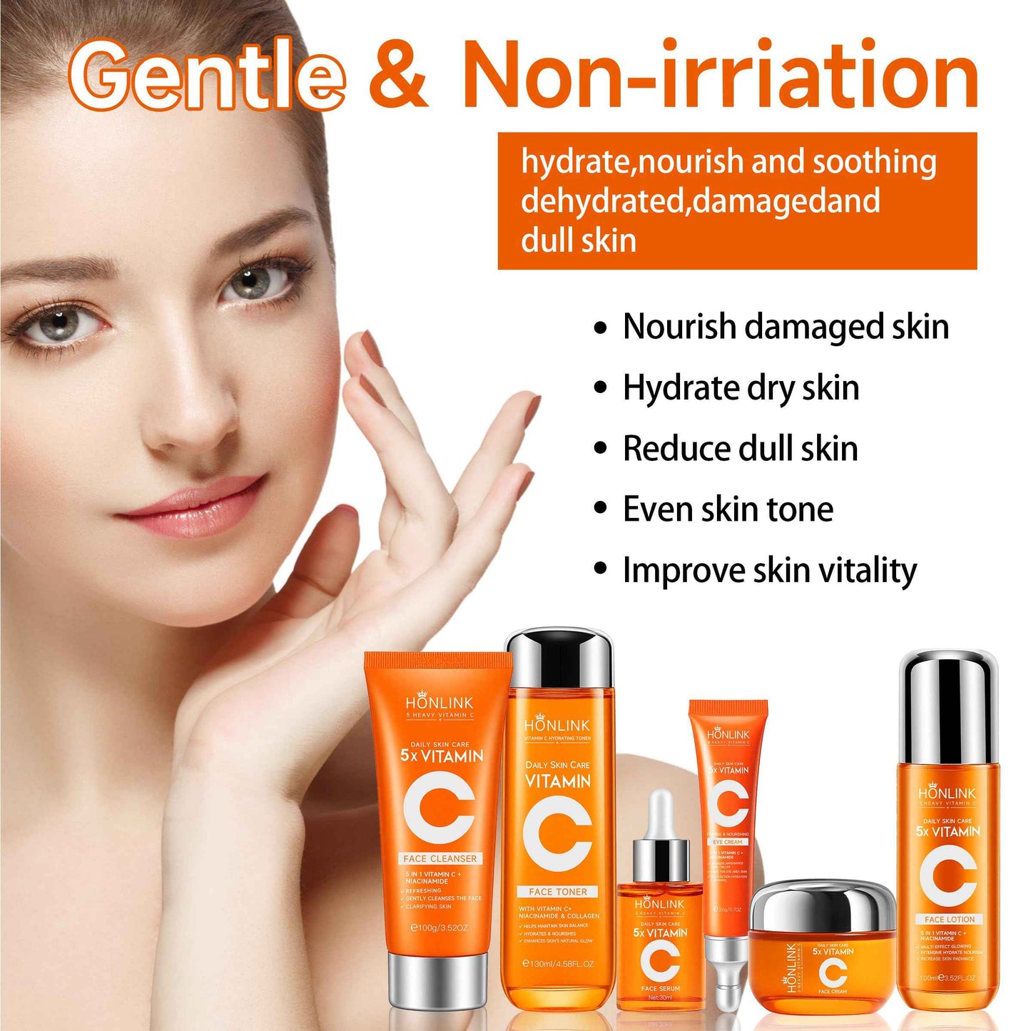 Glown 6-Piece Hydrating Skincare Set with Vitamin C & Niacinamide,HONLINK Face Care Kit Includes Toner, Faical Serum,Cleanser,Moisturizer, Eye Cream & Body Lotion | Unique Gift for Women