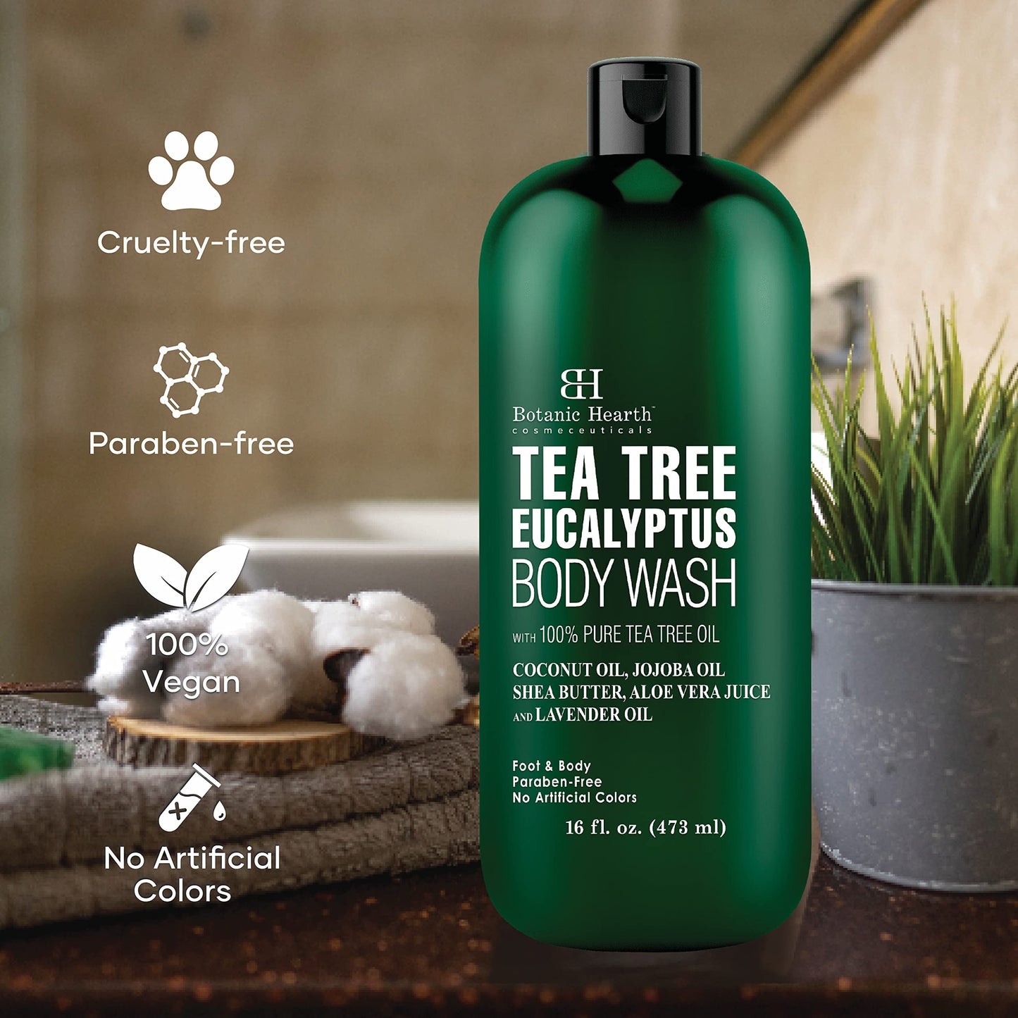 Botanic Hearth Eucalyptus Tea Tree Body Wash, Helps with Nails, Athletes Foot, Ringworms, Jock Itch, Acne, Eczema & Body Odor, Soothes Itching & Promotes Healthy Skin and Feet, 16 fl oz