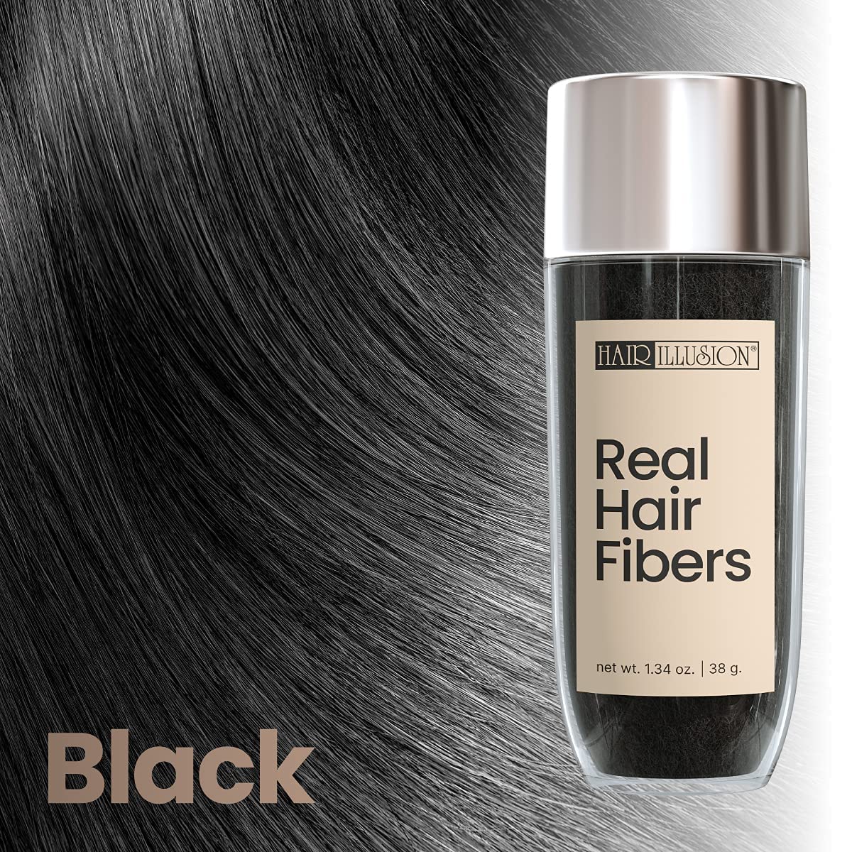 Hair Illusion Black Real Hair Fibers for Thinning Hair - 100% Natural Texture, Non Synthetic Hair Fibers - Bald Spot Cover Up for Women & Men - 38 Gram