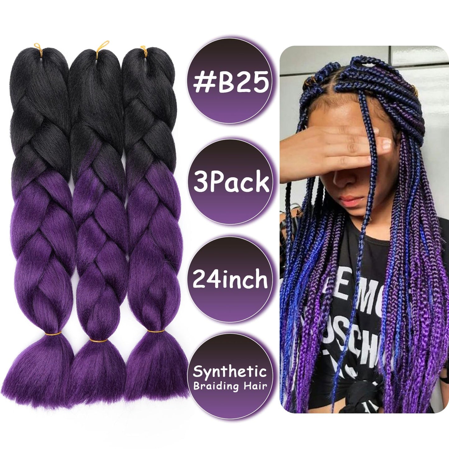 Black to Dark Purple Braiding Hair Extensions Ombre Braiding Hair 3 Packs 24 inch Synthetic Hair for Braiding