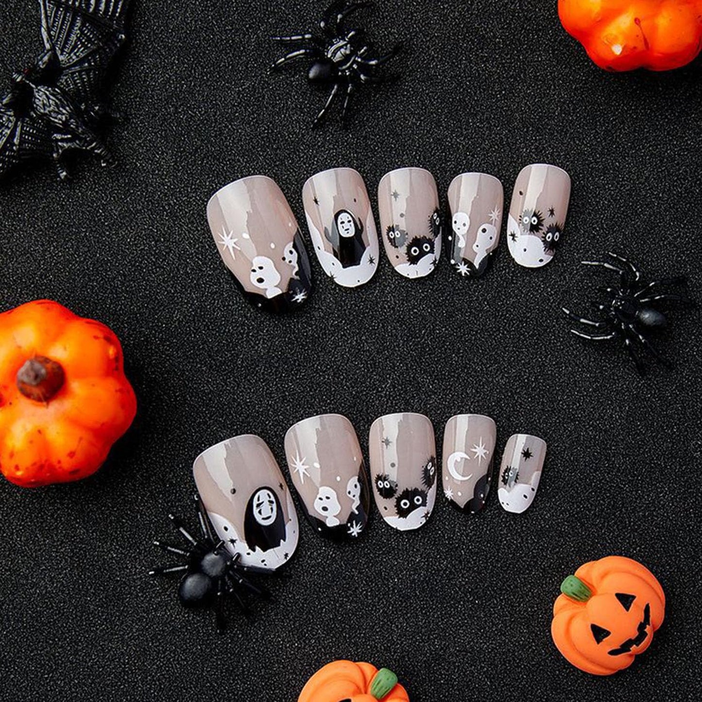 Halloween Fake Nails Short Press on Nails Almond Acrylic Nails White French Translucent Nails Press ons Black Ghosts Artificial Cute Halloween Stick on Nails Set