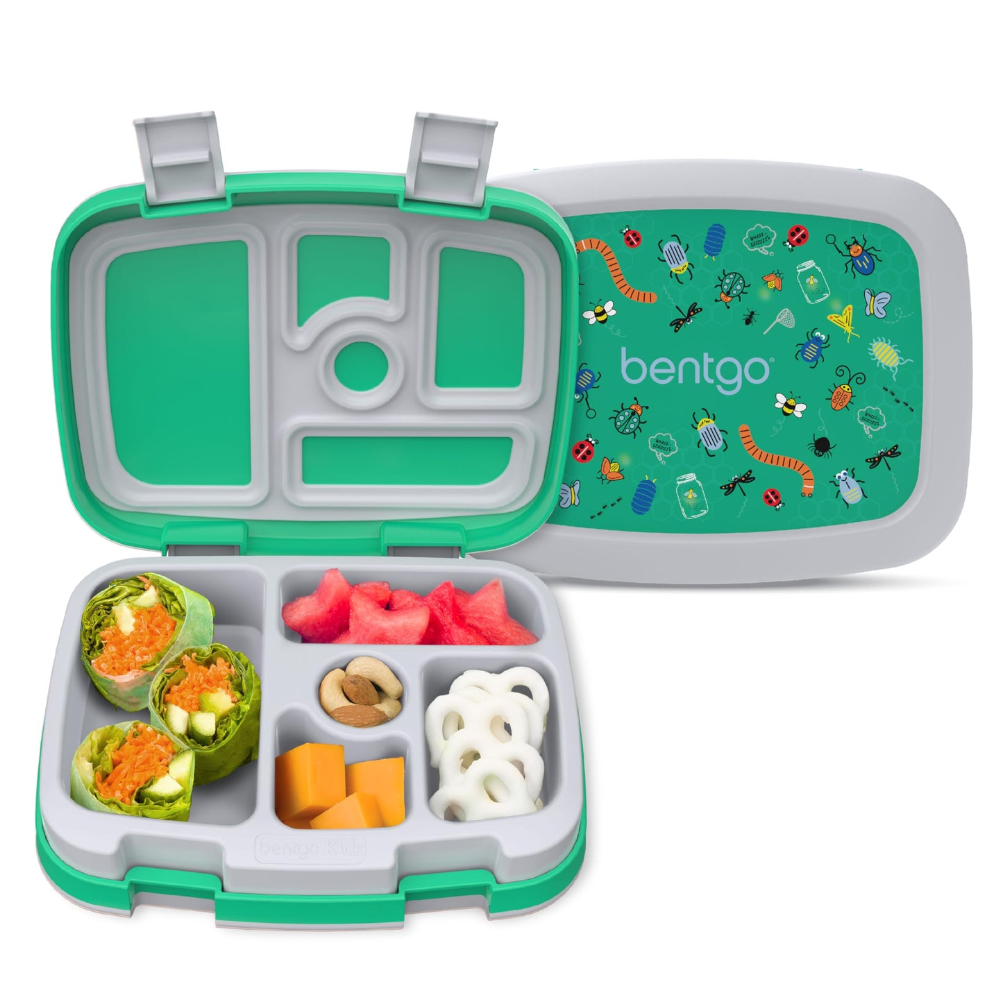 Bentgo Kids Prints Leak-Proof, 5-Compartment Bento-Style Kids Lunch Box - Ideal Portion Sizes for Ages 3-7, Durable, Drop-Proof, Dishwasher Safe, & Made with BPA-Free Materials (Bug Buddies)