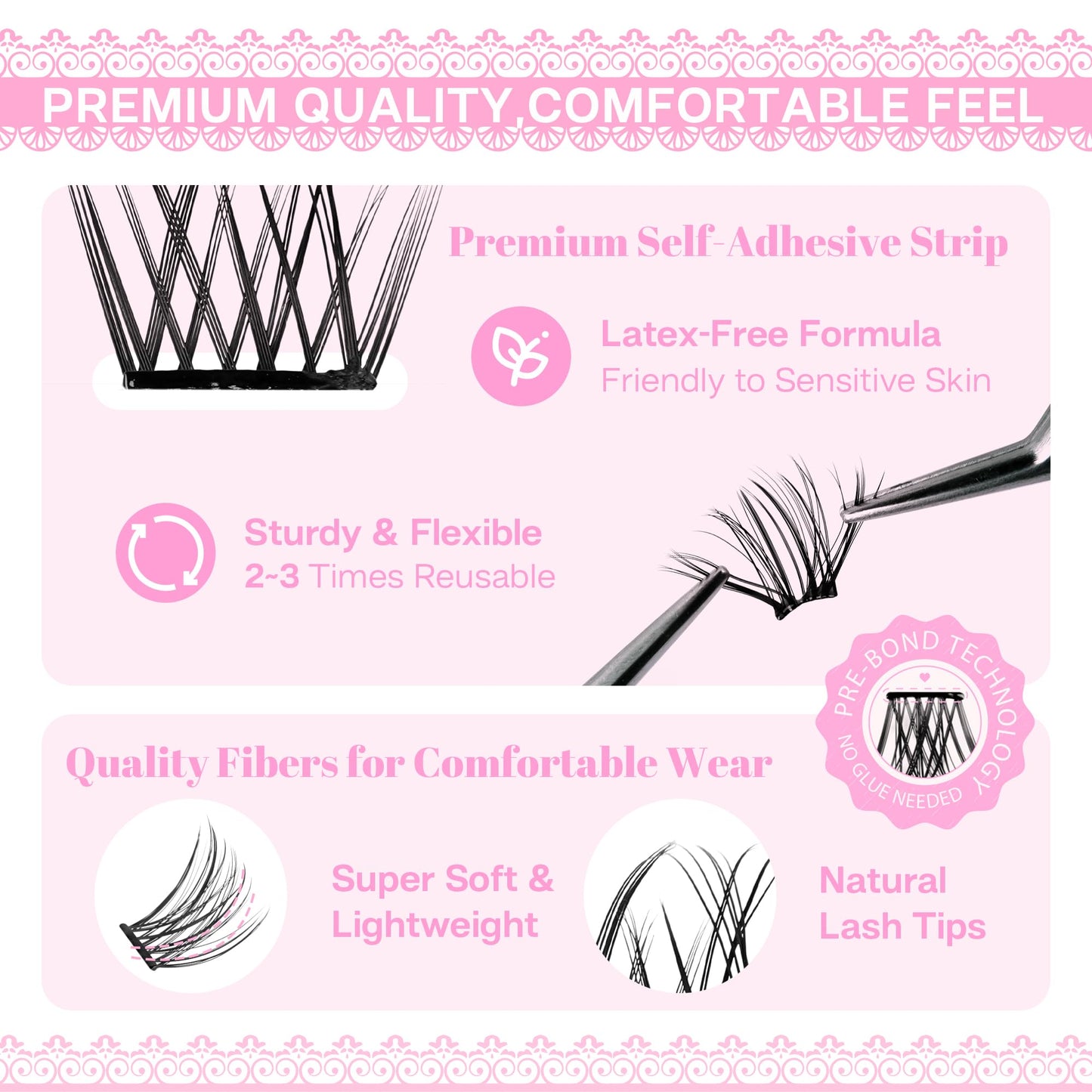 CALAILIS Self Adhesive Eyelashes 66Pcs Lash Clusters Press On Lashes, No Glue Needed Reusable DIY Eyelash Extensions Kit Pre Glued Eyelash Clusters with Lash Tweezers(A10,D-10-16mix)