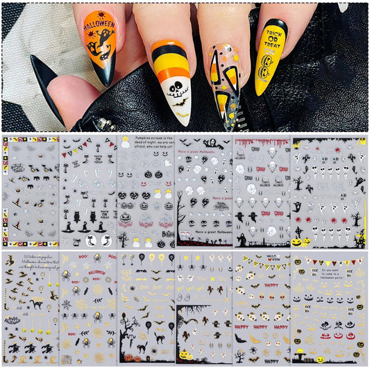 12 Sheets Halloween Nail Art Stickers Decals Press on Nails for Kids, Kalolary 3D Laser Self-Adhesive Pumpkin Witch Skeleton Nail Decals Halloween Gold and Black Colorful DIY Nail Decoration Designs