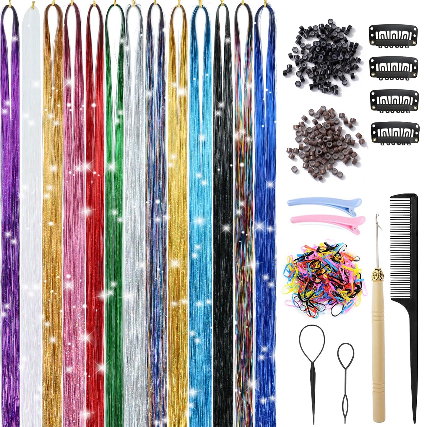 USHUIUS Hair Tinsel Kit With Tools 13 Colors 2800 Strands Tinsel Hair Extensions Fairy Hair Tinsel Heat Resistant Glitter Hair Extensions Sparkling Shiny Hair Tensile for Women Girls Kids (13 Colors)