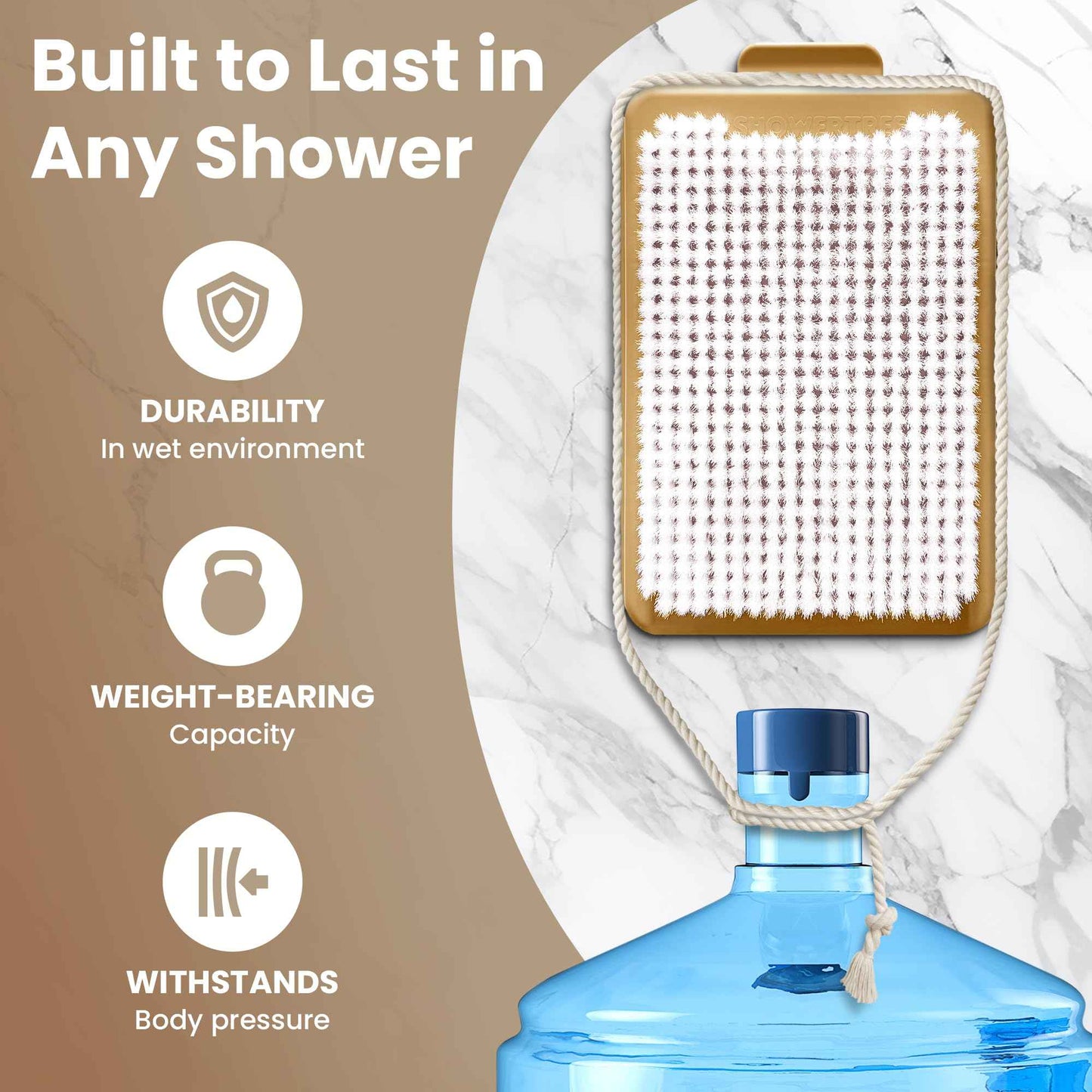 ShowerTree Wall-Mounted Back & Body Shower Scrubber | Replaceable Brush with Exfoliating Bristles for Back & Skin Care (Tan)