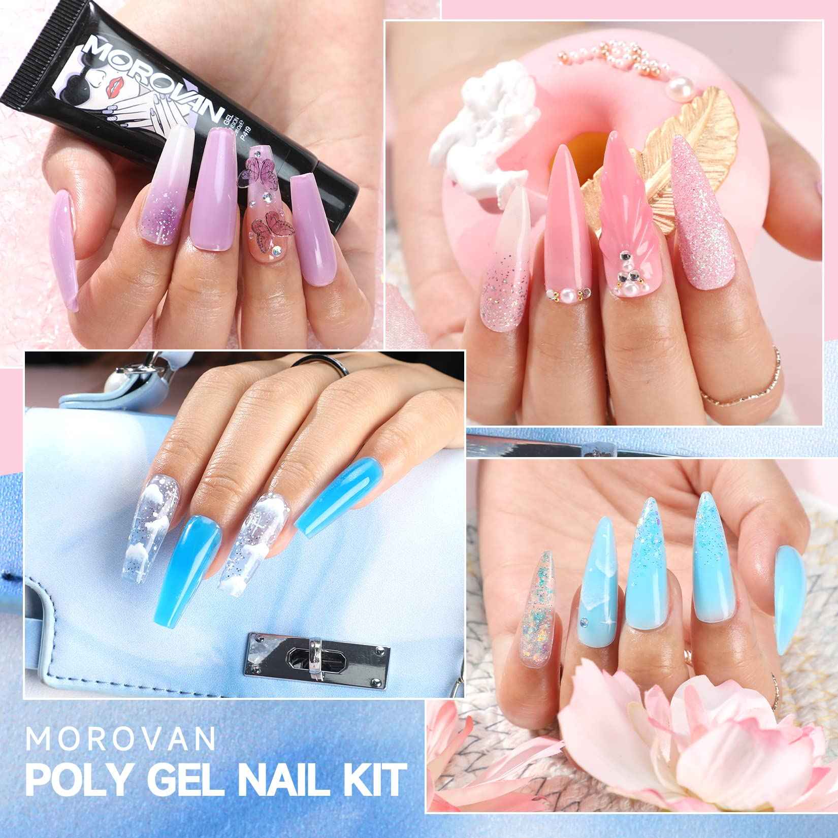 Morovan Poly Gel Nail Set: 48 Color Gel Extension Nails - Trendy Art Designs with Pure & Glitter Finish