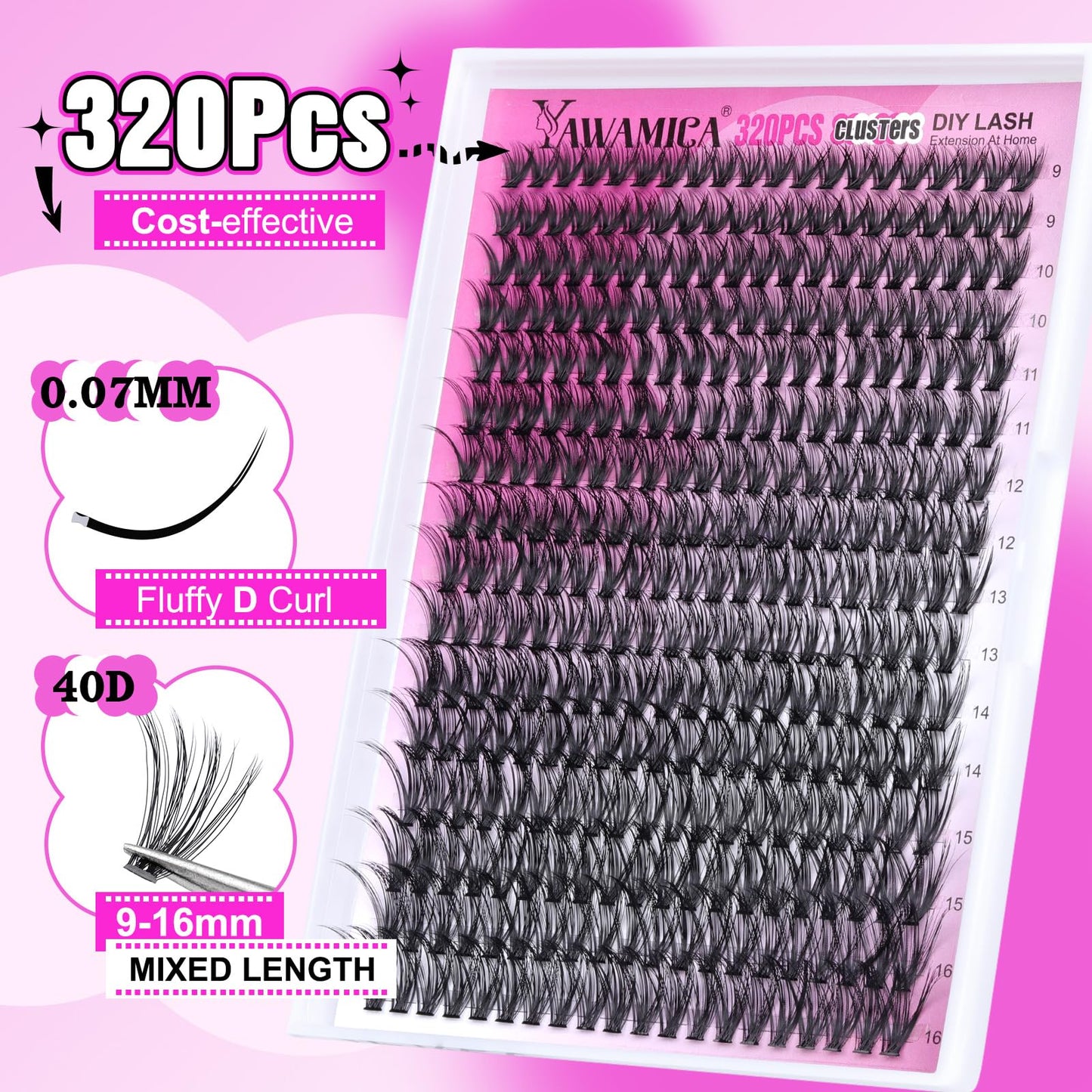 Individual Lashes 320pcs Lash Clusters 40D 9-16mm Mix DIY Lash Extension D Curl Eyelash Clusters Eyelash Extension Wispy Cluster Lashes DIY for Self Application by Yawamica (40D-0.07D, 9-16mix)