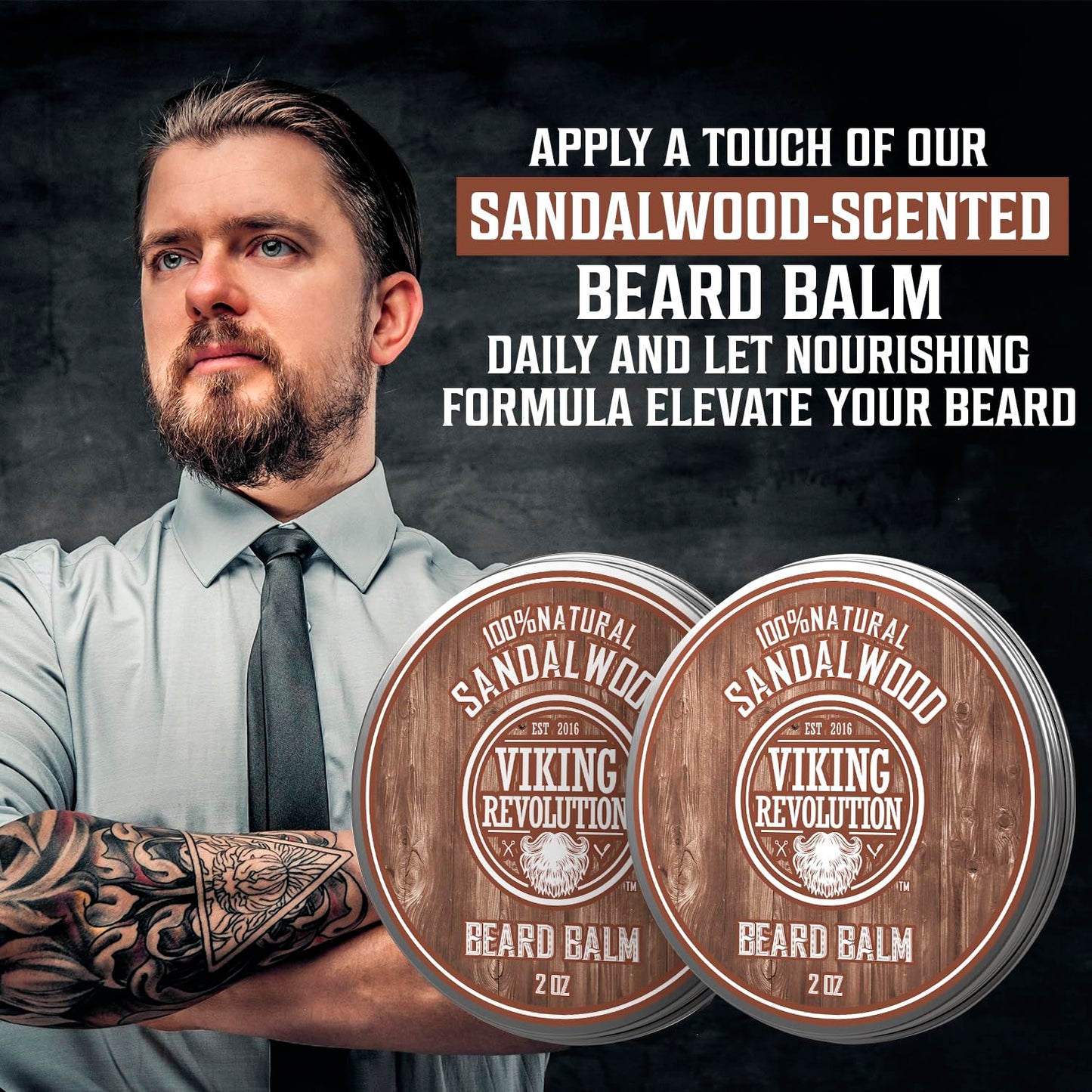 Viking Revolution Sandalwood Beard Balm - Beard Butter with Argan Oil, Beard Softener for Men with Jojoba Oil - Beard Moisturizer for Men with Beeswax - Beard Wax for Men (2oz, 2 Pack)