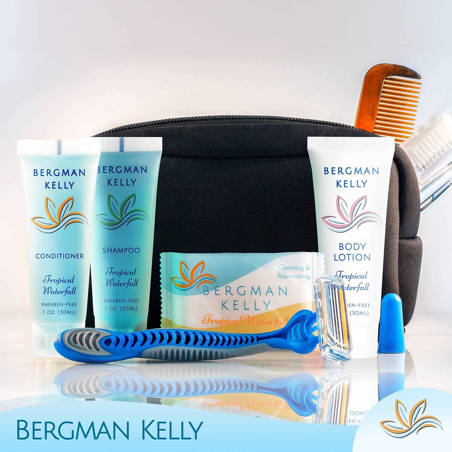 BERGMAN KELLY - Hotel Toiletries Bundle - Tropical Waterfall, 1 oz ea, 125 Pieces - 5-Piece Set: 25 ea Rectangular Bar Soap, Shampoo, Conditioner, Body Lotion & Body Wash - Bulk Mini Guest Amenities