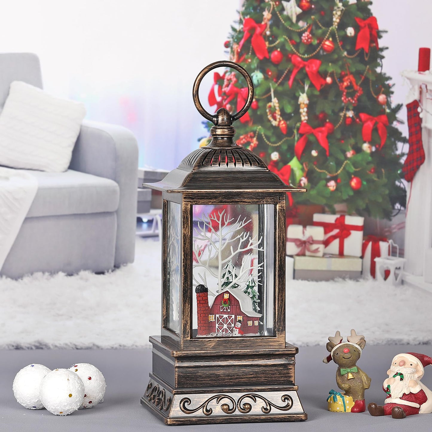 Christmas Farm Snow Globe, Musical Lighted Glitter Christmas Snow Globes, Christmas Decorations USB and Battery Operated Lantern with Music, Christmas Decor for Home