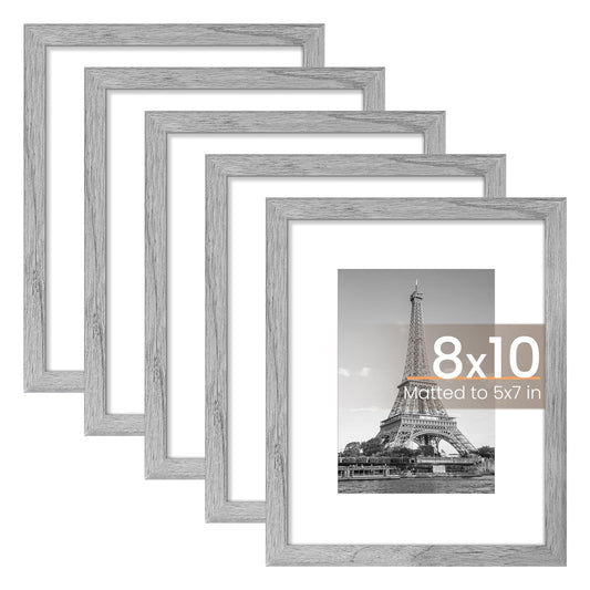 upsimples 8x10 Picture Frame Set of 5, Display Pictures 5x7 with Mat or 8x10 Without Mat, Wall Gallery Photo Frames, Gray