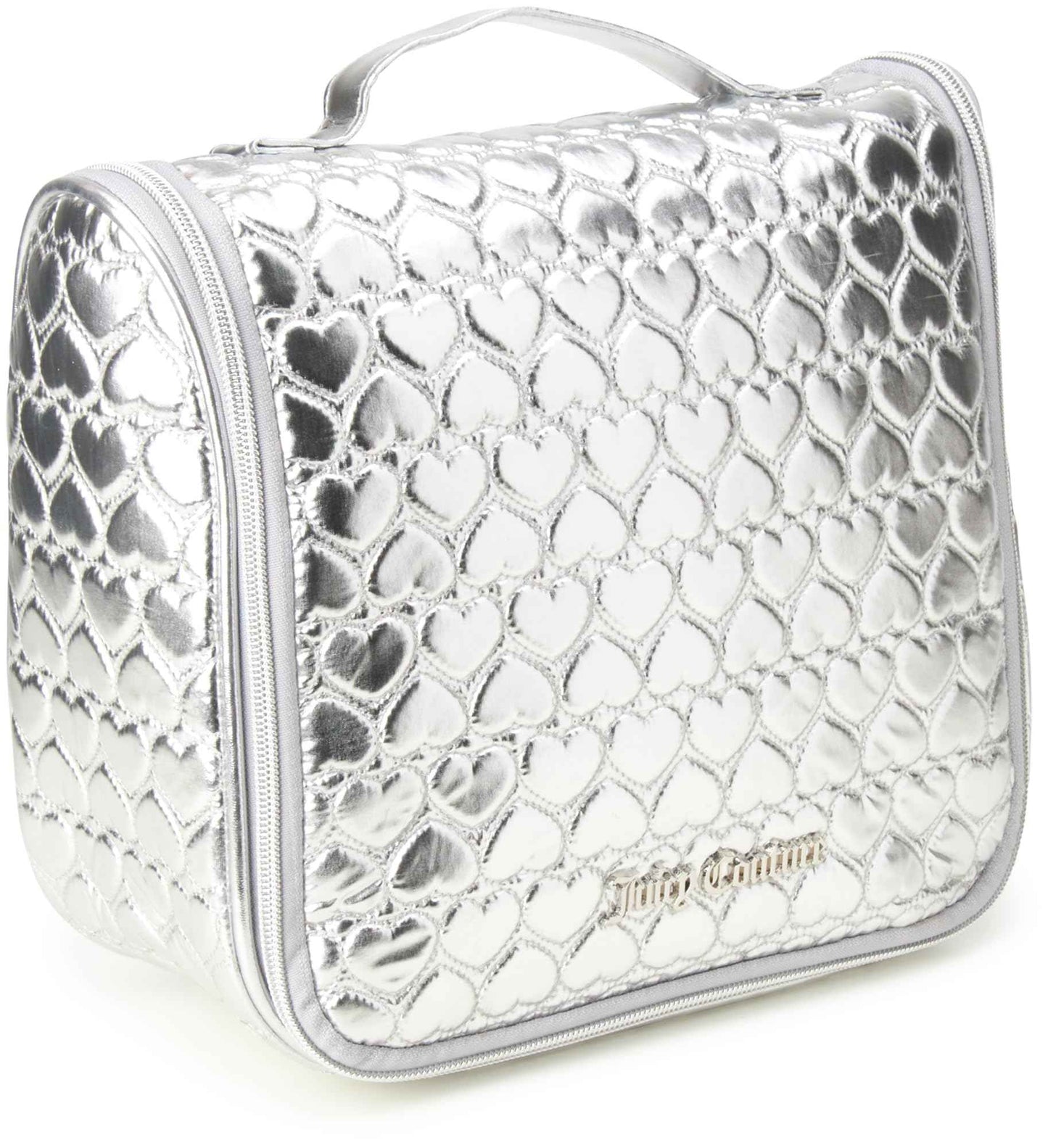 Juicy Couture Silver Makeup Bag Cosmetics Organizer Travel Essentials Hanging Hook Shiny Puffer Heart