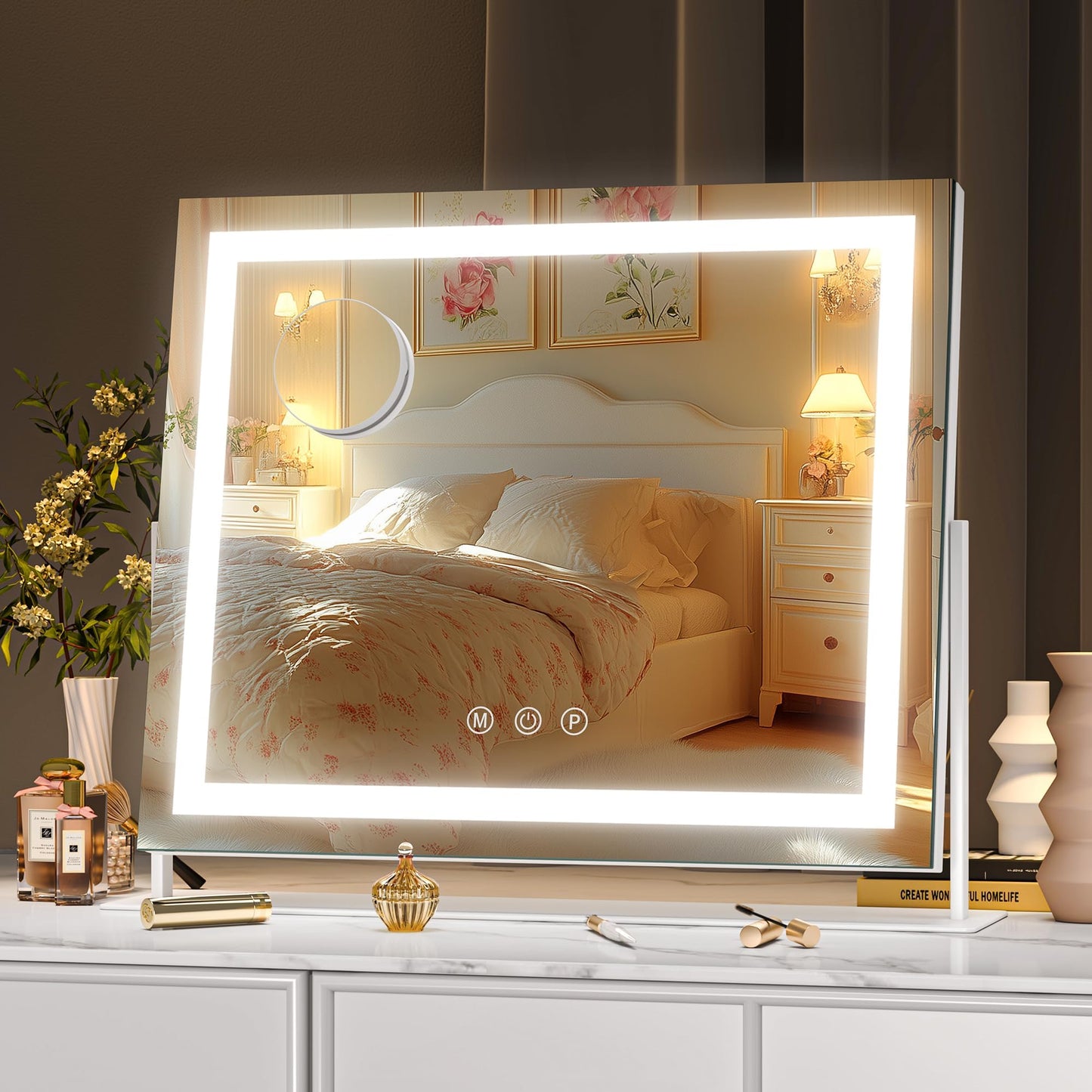 Hasipu Vanity Mirror with Lights, 12" x 10" LED Makeup Mirror, Light up Mirror with 10X Magnification, Smart Touch 3 Colors Dimmable, 360° Rotation (White)