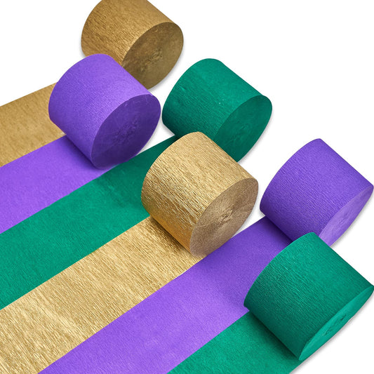 PartyWoo Crepe Paper Streamers 6 Rolls 492ft, Pack of Gold, Purple and Green Crepe Paper for Birthday Decorations, Mardi Gras Decorations, Masquerade Party Decorations (1.8 Inch x 82 Ft/Roll)